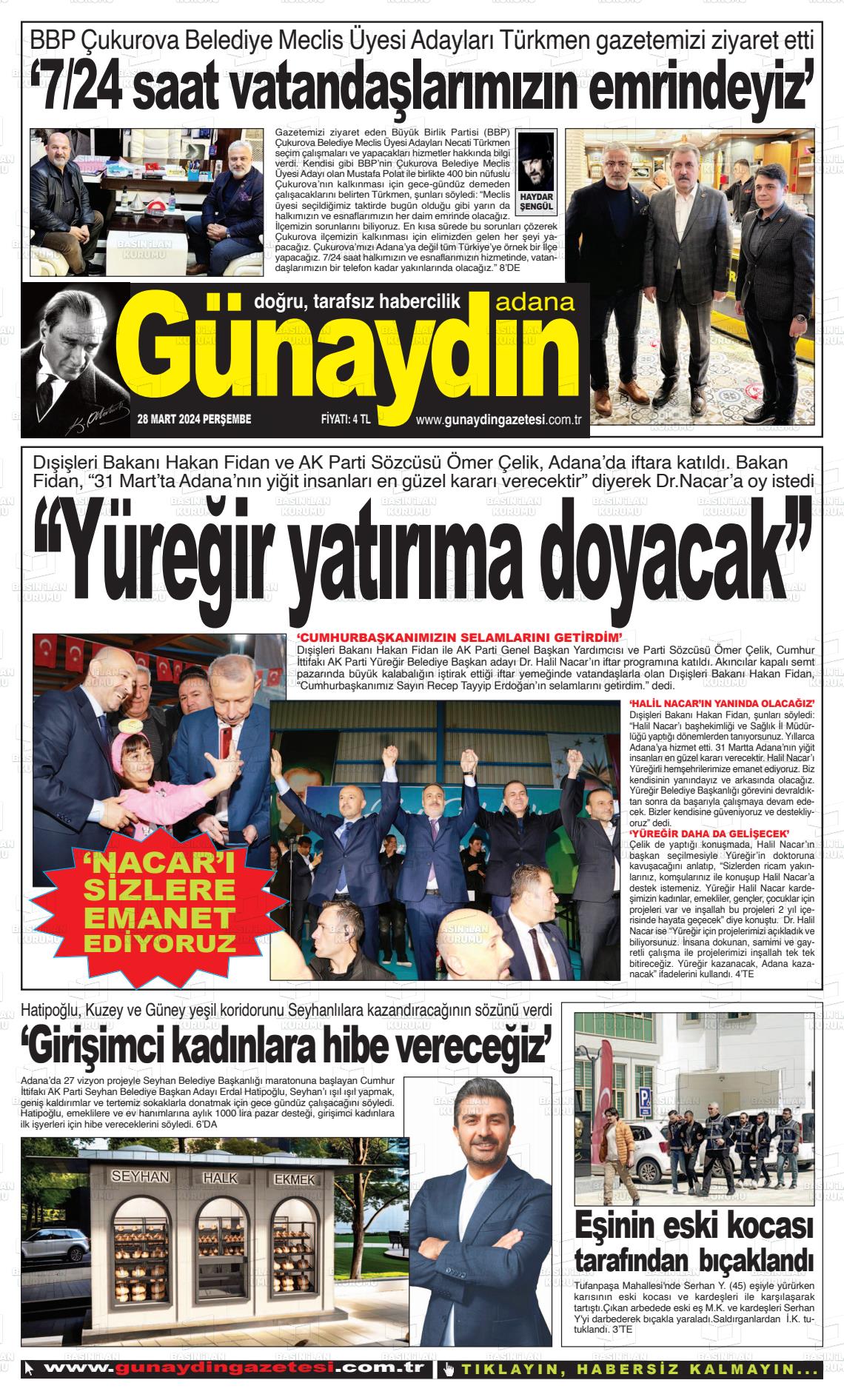 28 Mart 2024 Günaydın Adana Gazete Manşeti
