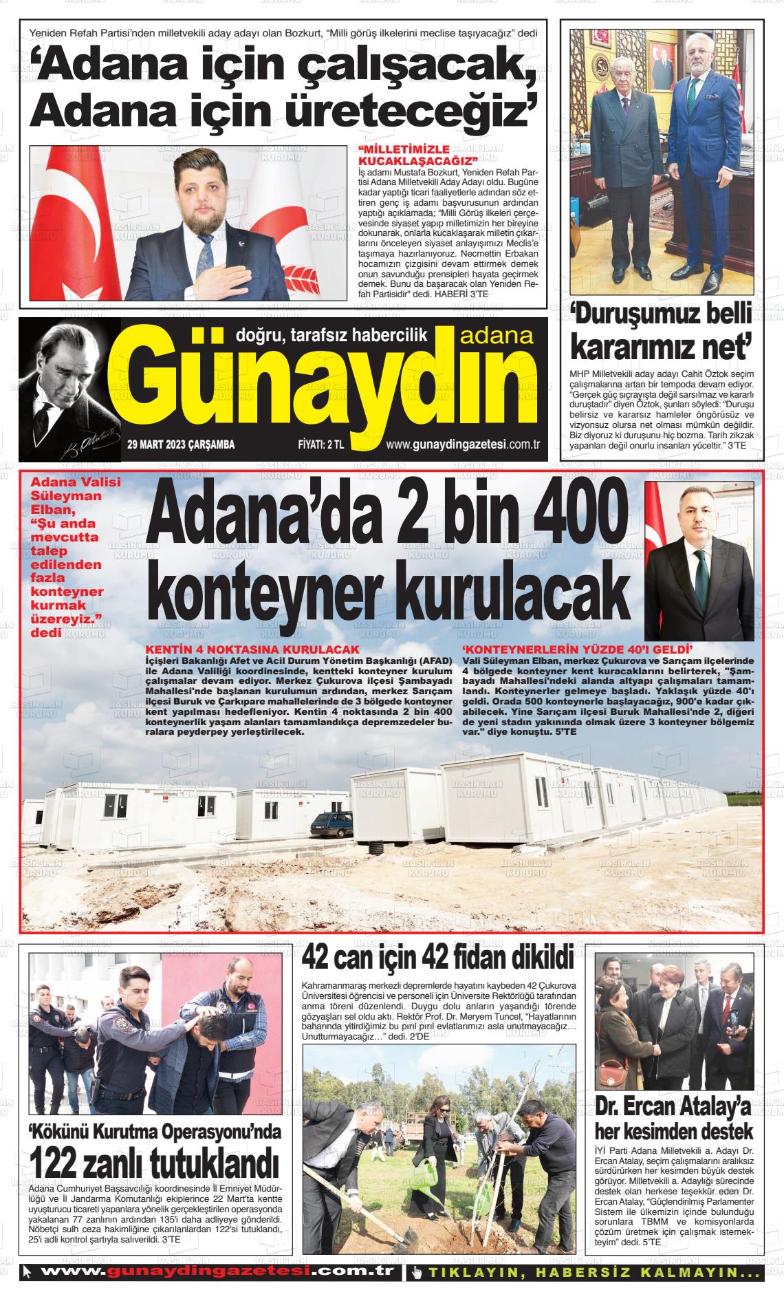 29 Mart 2023 Günaydın Adana Gazete Manşeti