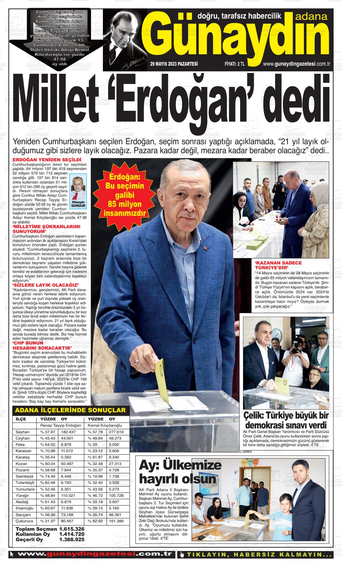 29 Mayıs 2023 Günaydın Adana Gazete Manşeti