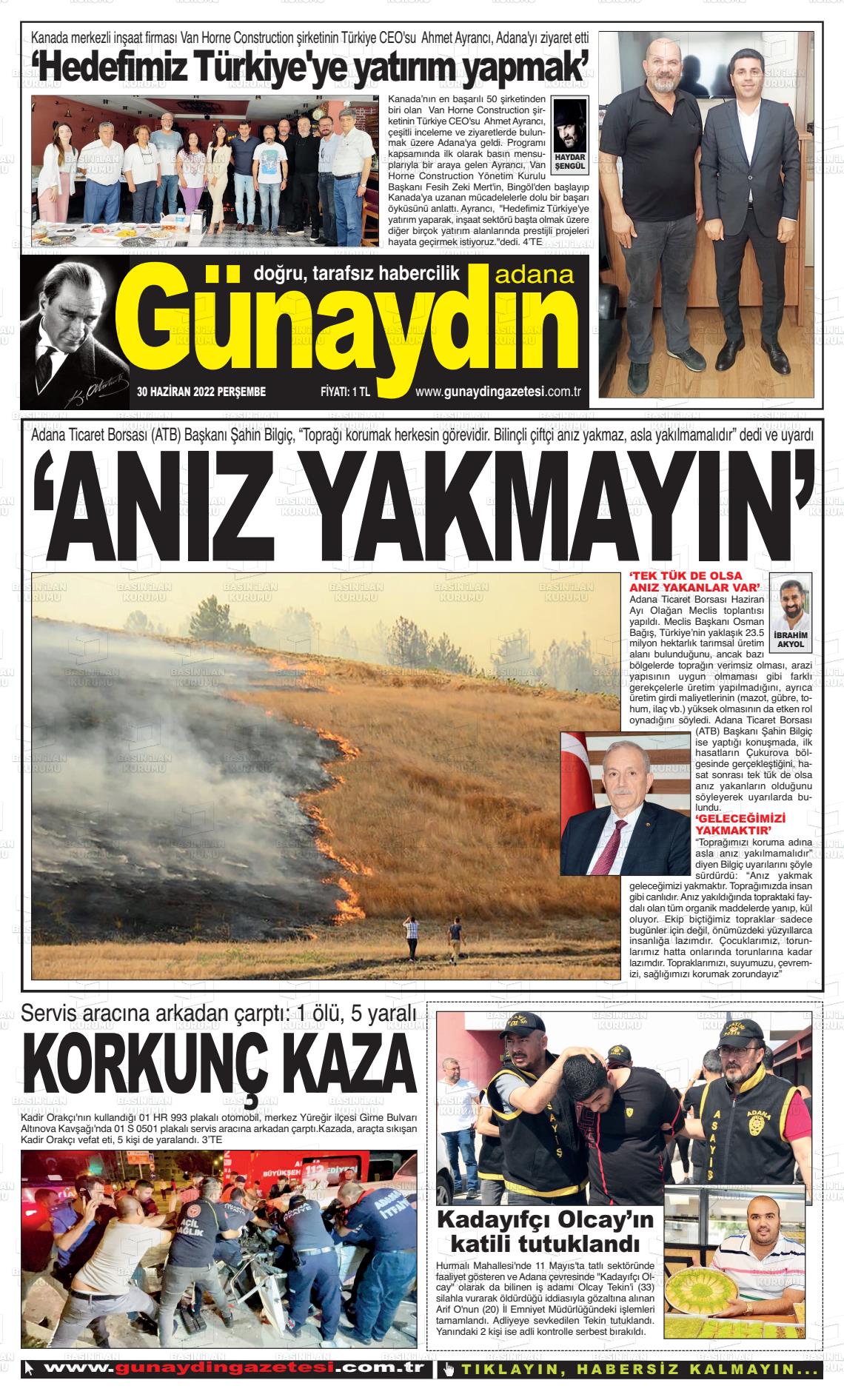 01 Temmuz 2022 Günaydın Adana Gazete Manşeti