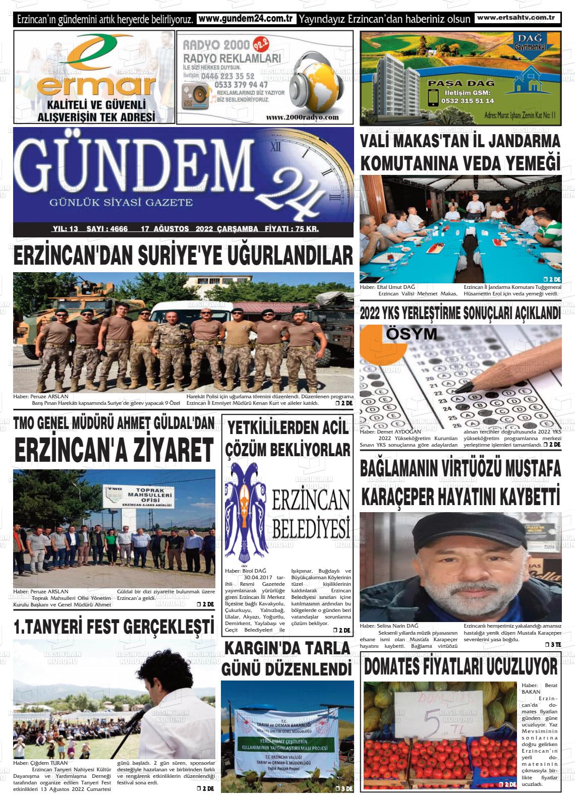 17 Ağustos 2022 Gündem 24 Gazete Manşeti