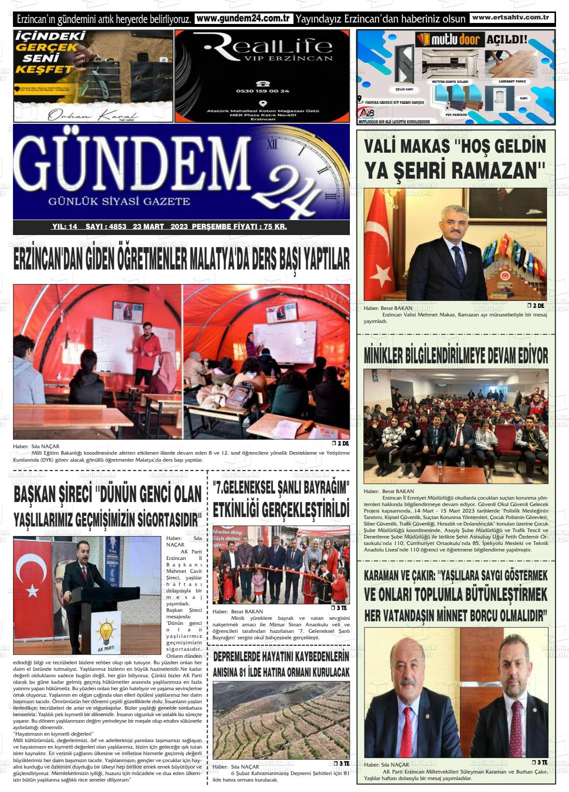 23 Mart 2023 Gündem 24 Gazete Manşeti