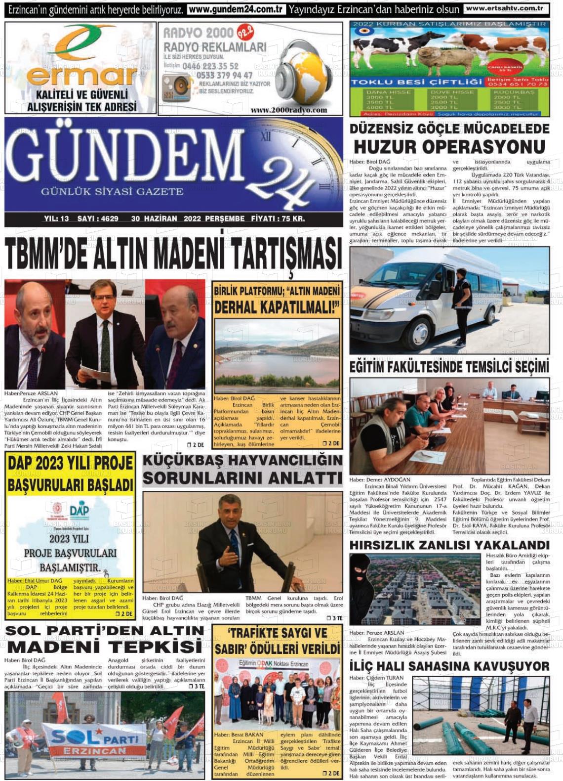 01 Temmuz 2022 Gündem 24 Gazete Manşeti