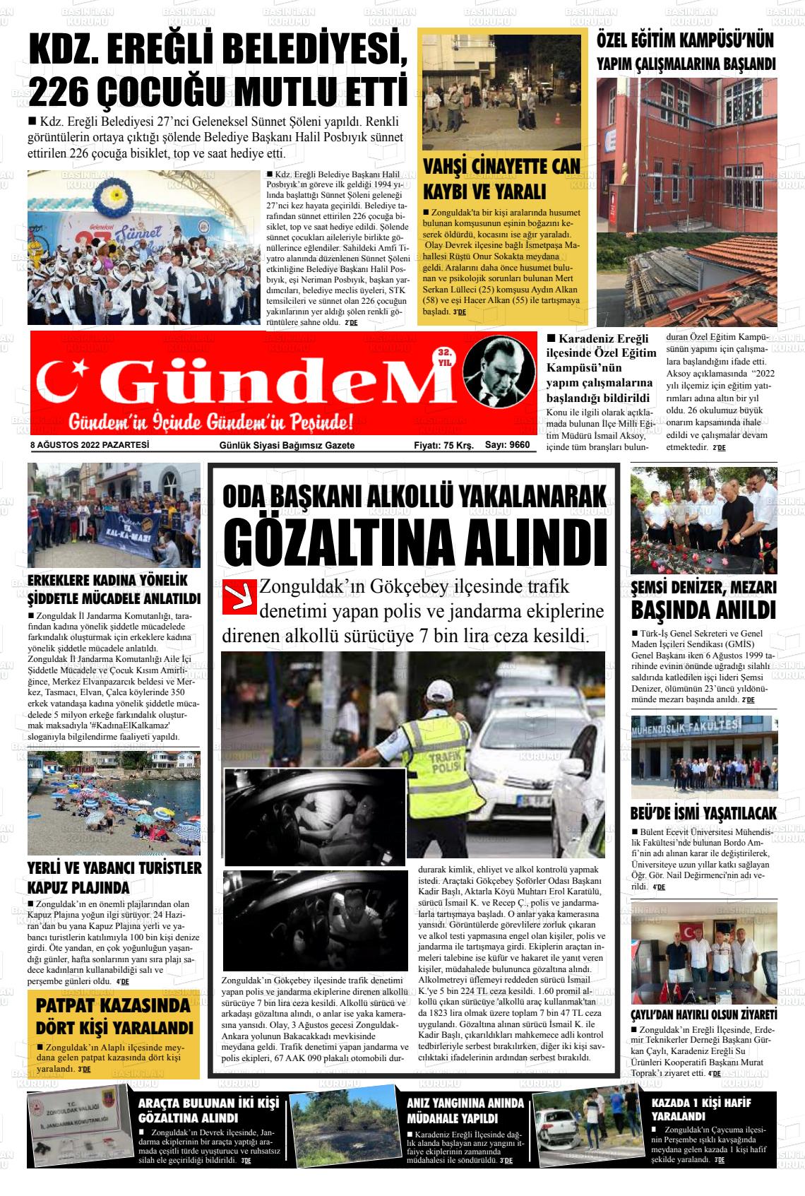 08 Ağustos 2022 Gündem Ereğli Gazete Manşeti