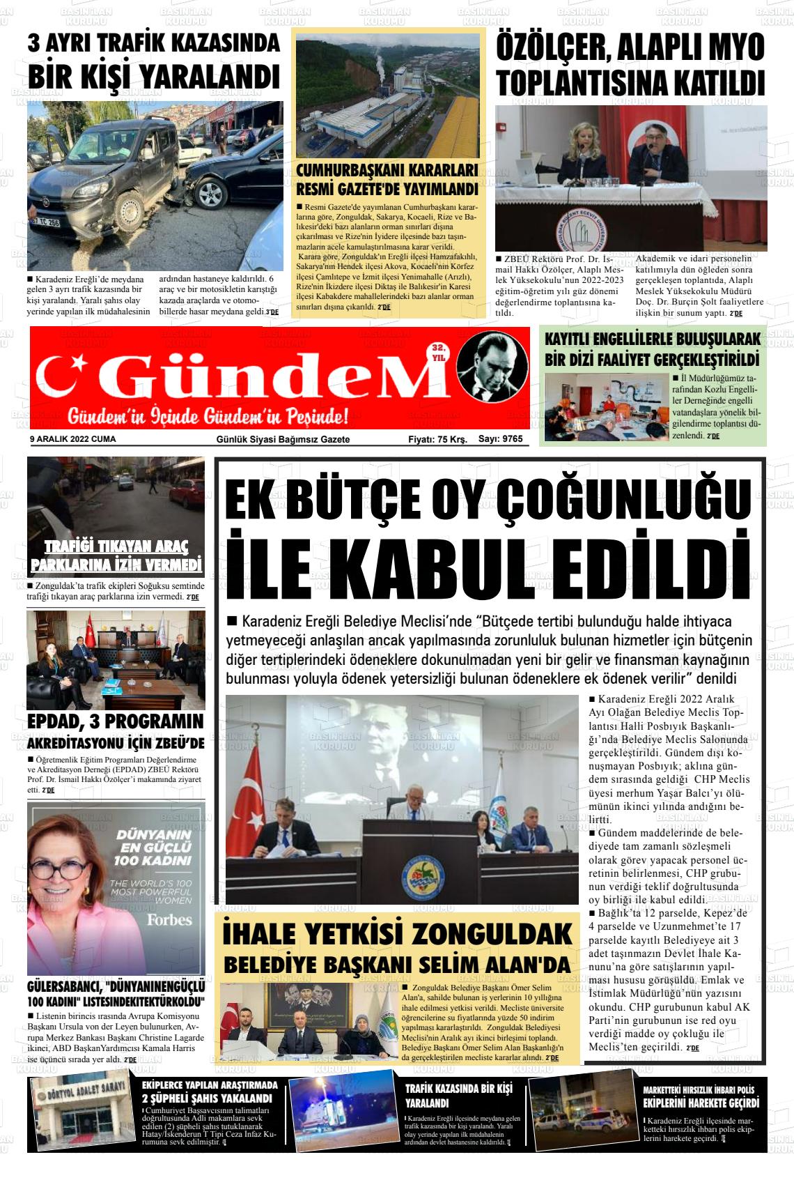 09 Aralık 2022 Gündem Ereğli Gazete Manşeti