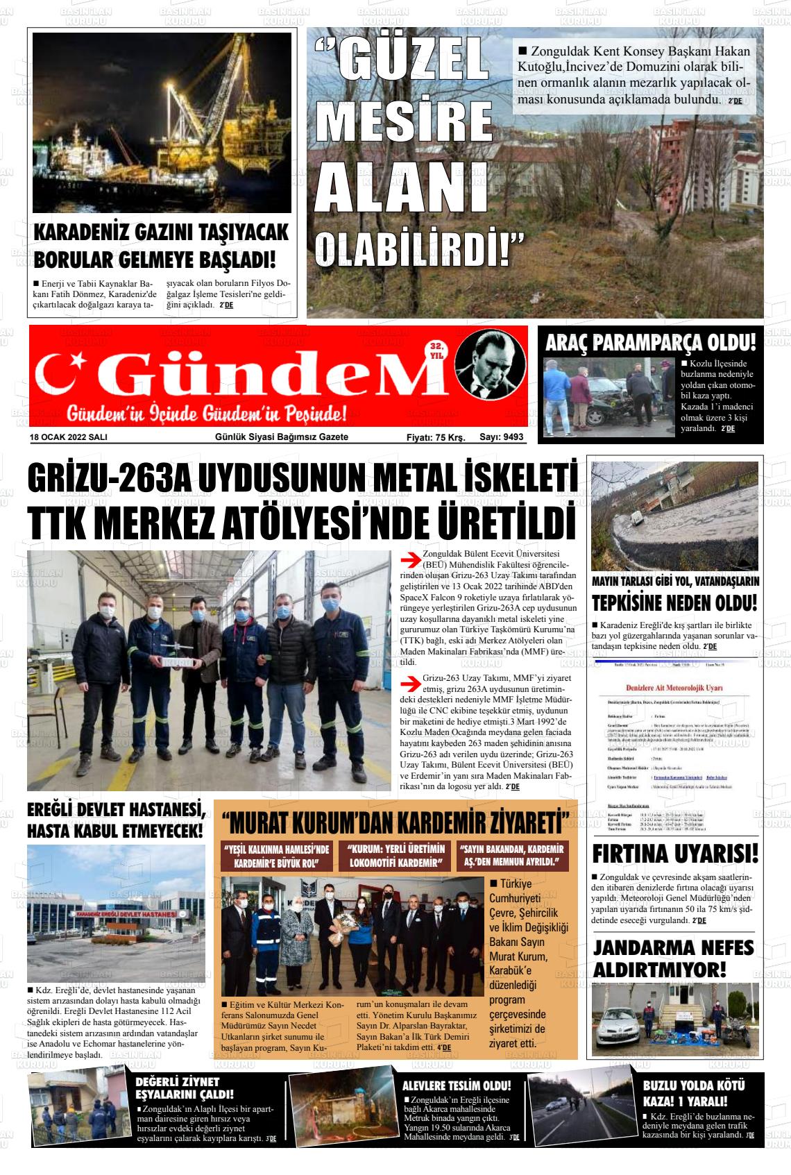 18 Ocak 2022 Gündem Ereğli Gazete Manşeti