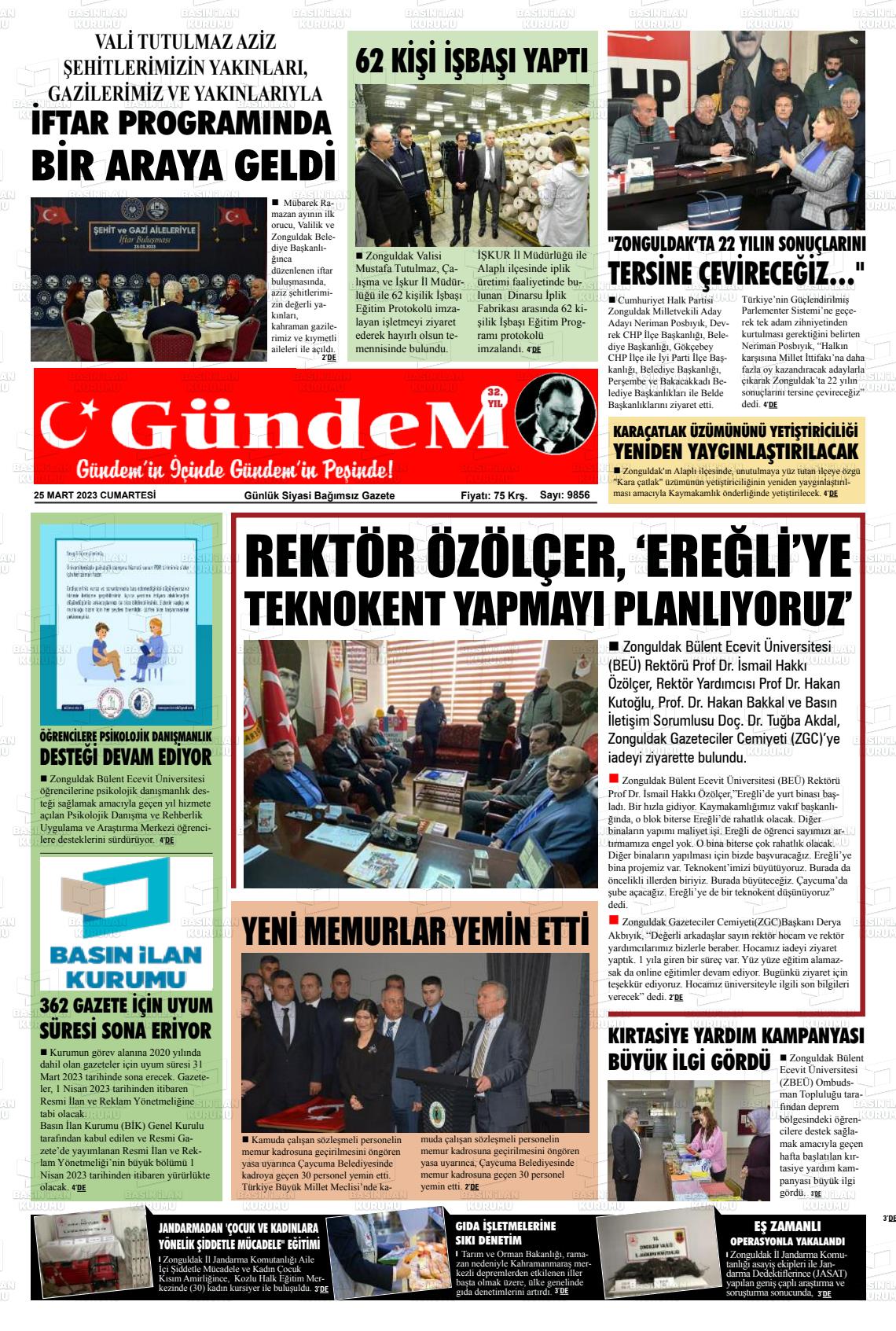 25 Mart 2023 Gündem Ereğli Gazete Manşeti