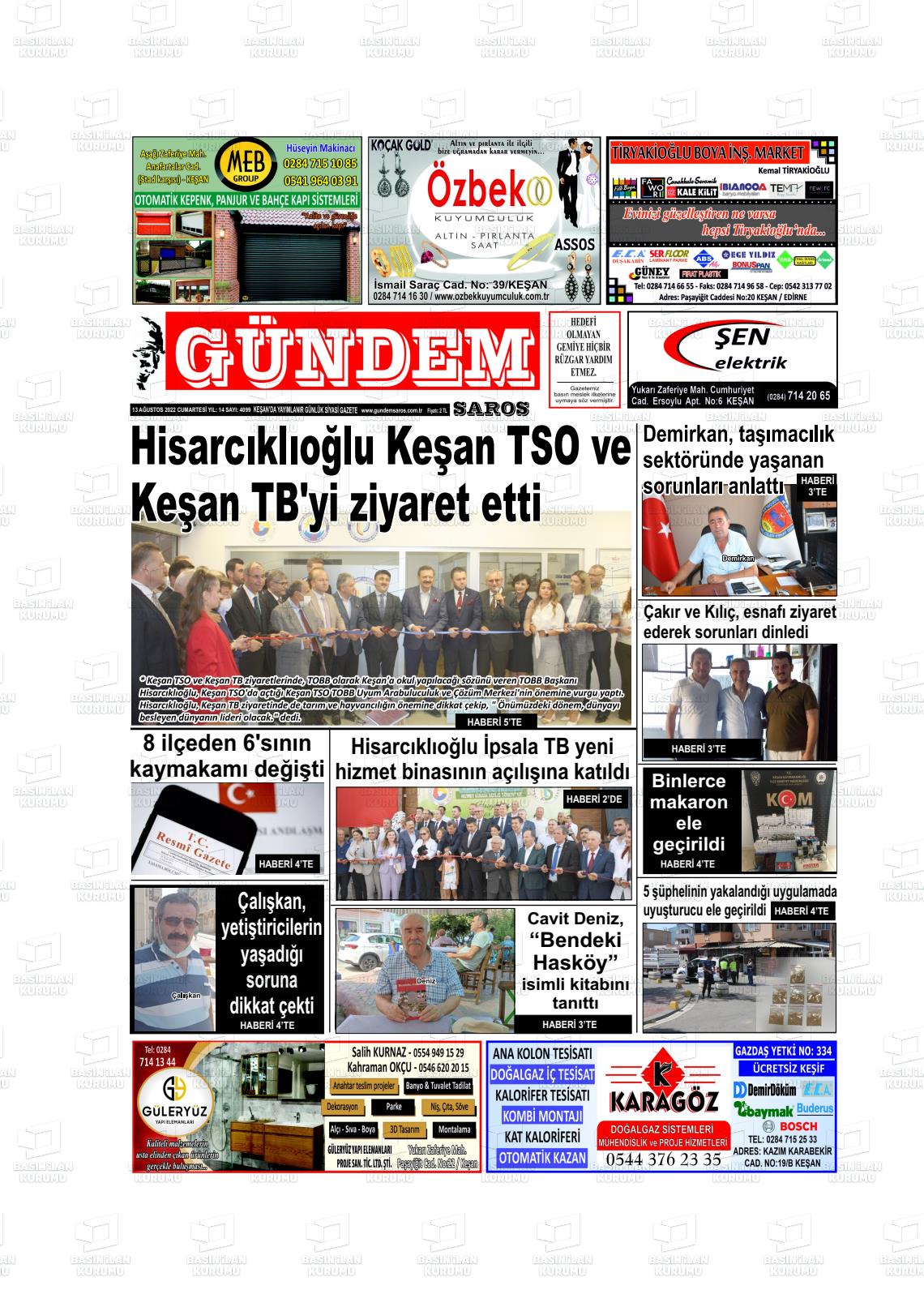 13 Ağustos 2022 Gündem Saros Gazete Manşeti
