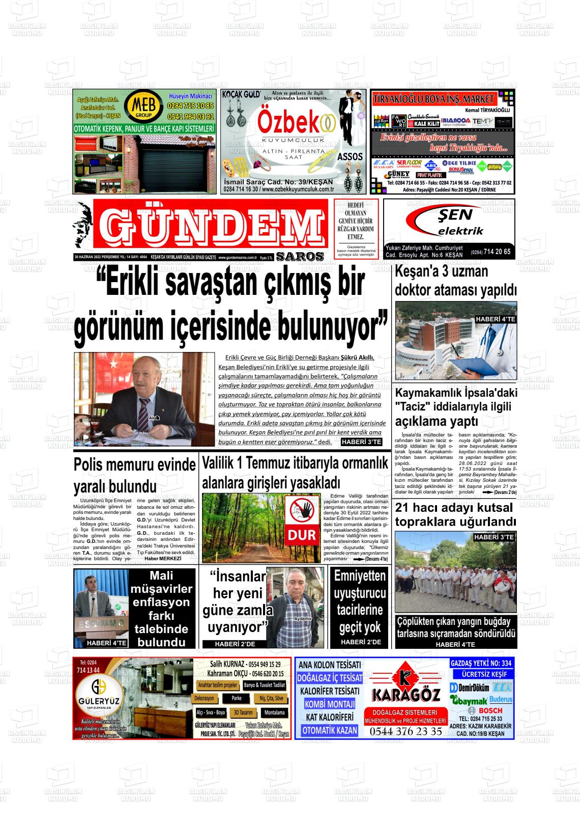 02 Temmuz 2022 Gündem Saros Gazete Manşeti