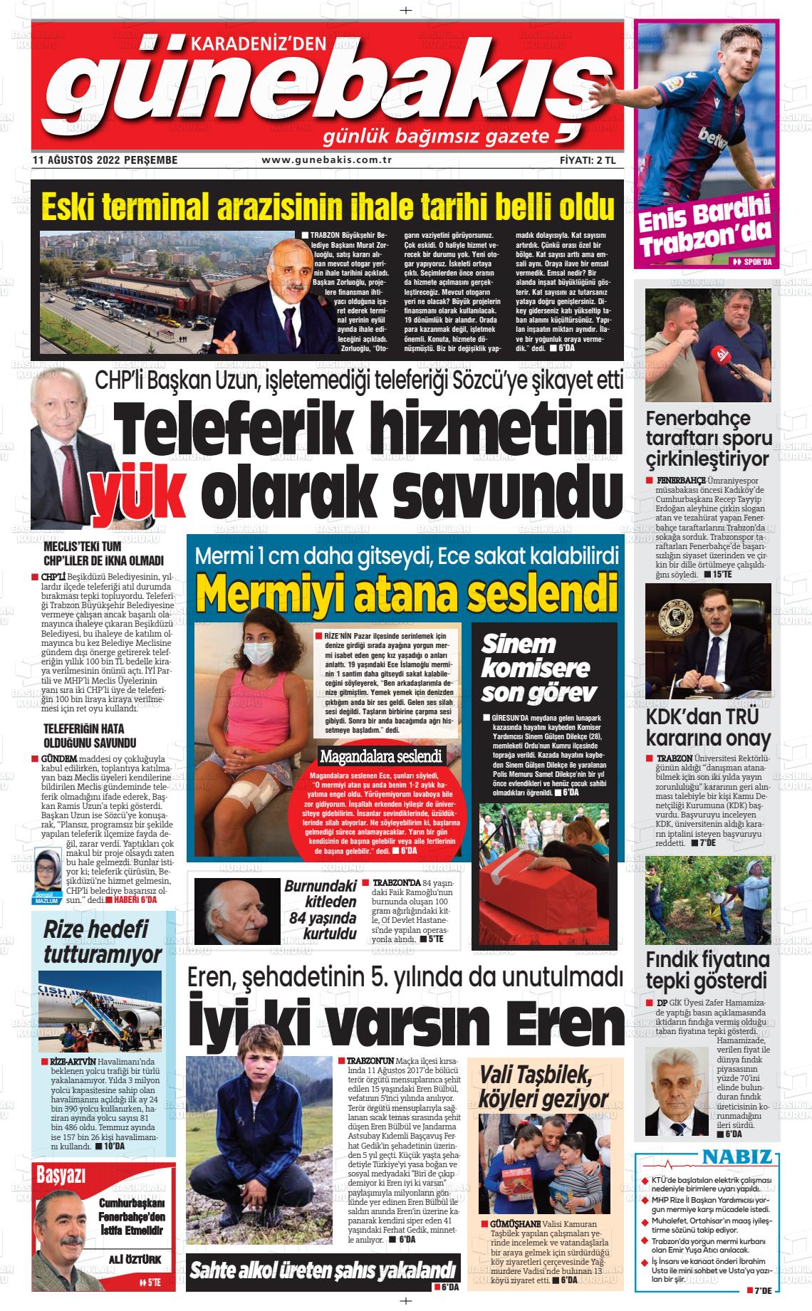 11 Ağustos 2022 Günebakış Gazete Manşeti