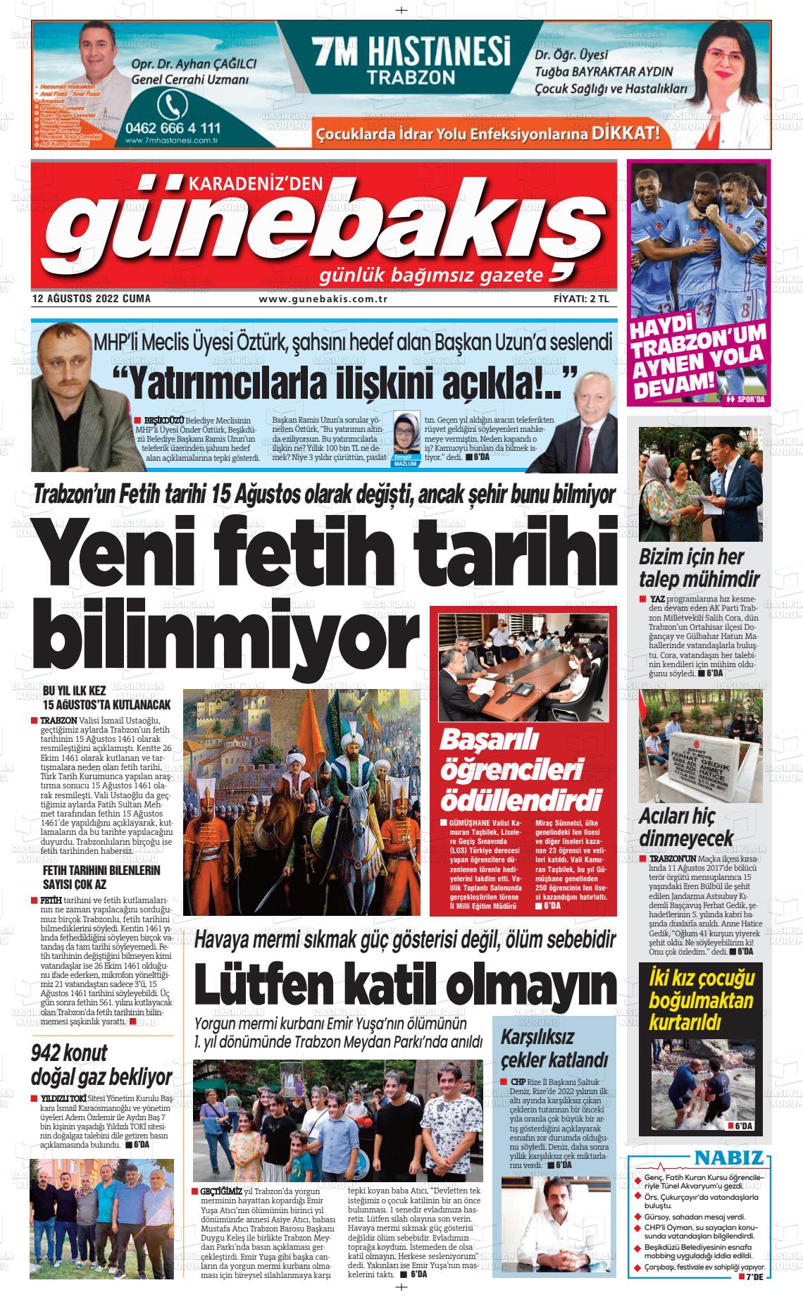 12 Ağustos 2022 Günebakış Gazete Manşeti