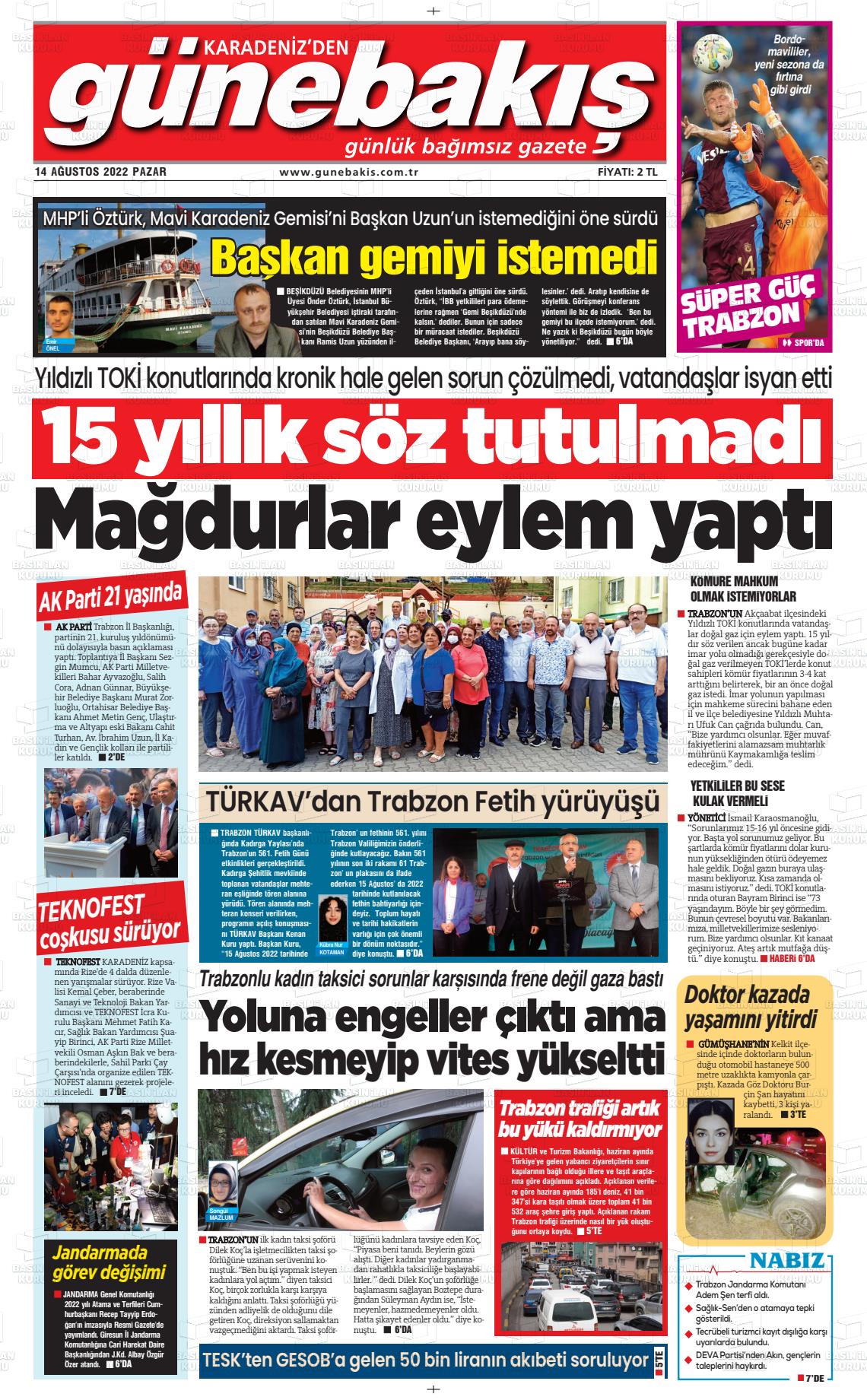 14 Ağustos 2022 Günebakış Gazete Manşeti