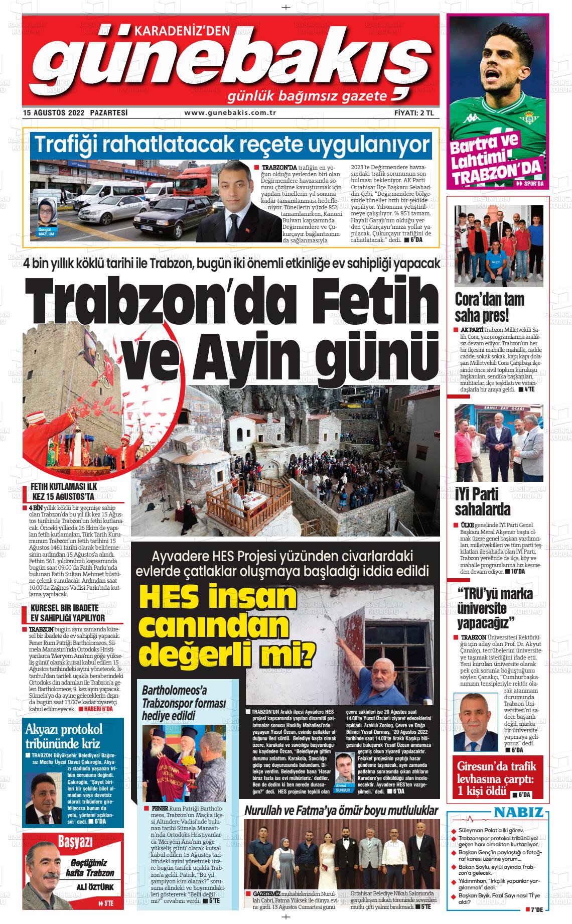 15 Ağustos 2022 Günebakış Gazete Manşeti