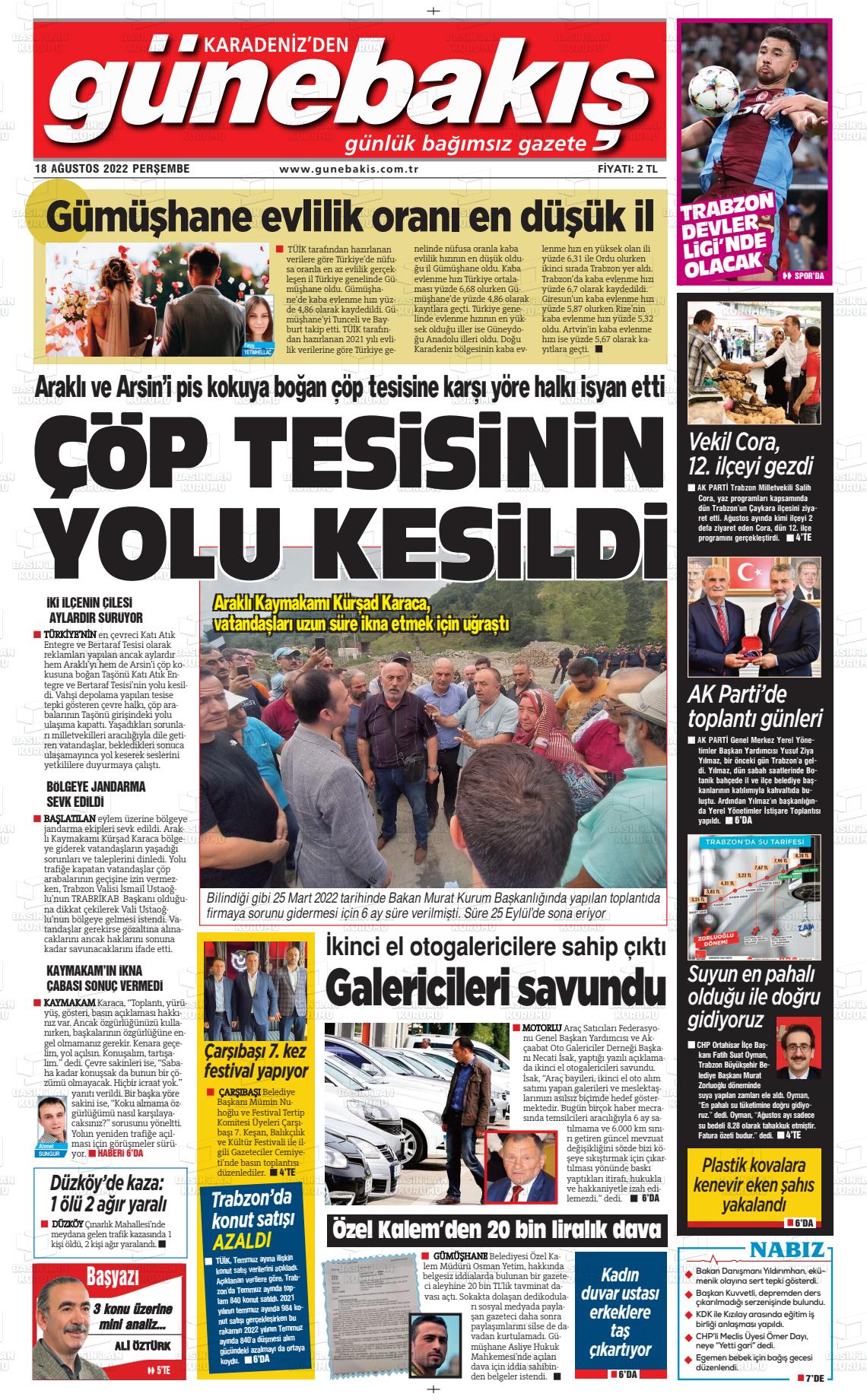 18 Ağustos 2022 Günebakış Gazete Manşeti