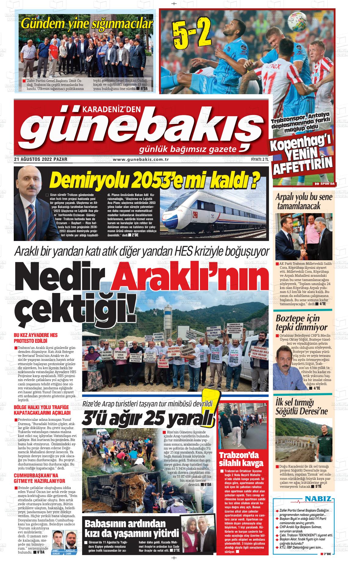 21 Ağustos 2022 Günebakış Gazete Manşeti