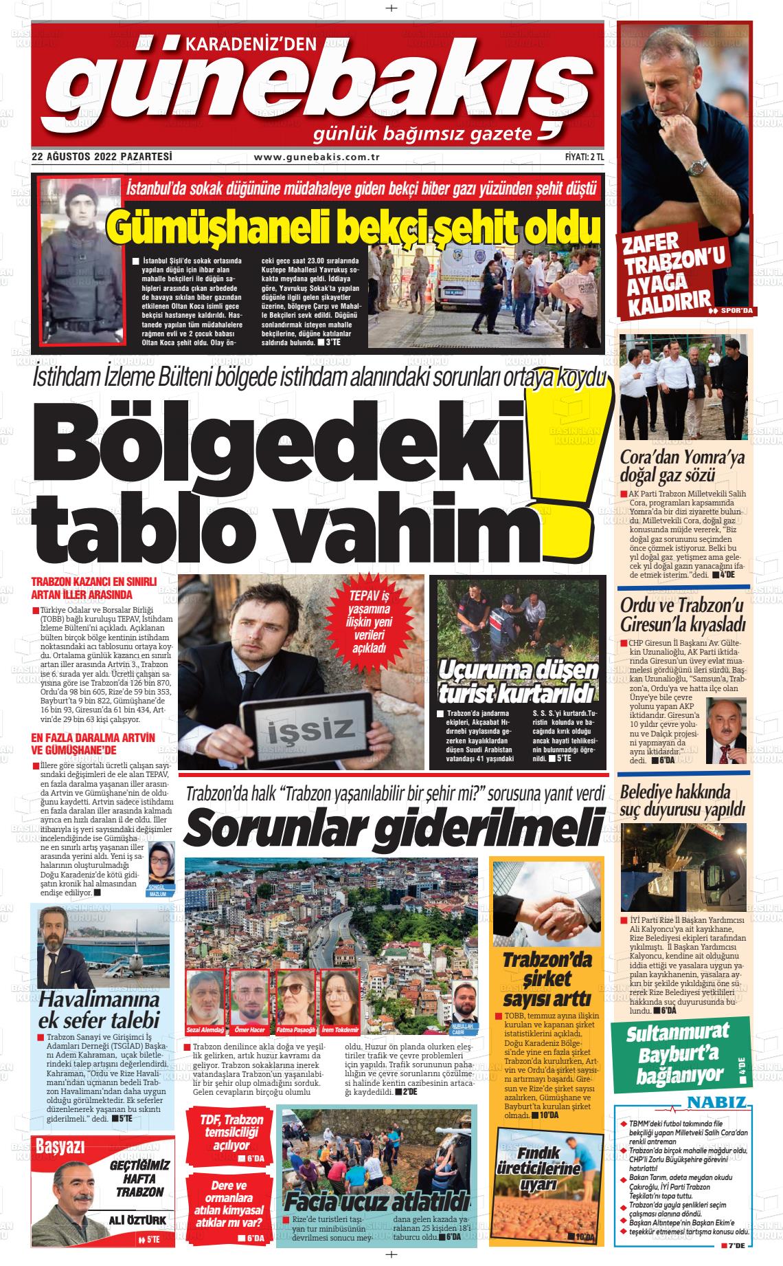 22 Ağustos 2022 Günebakış Gazete Manşeti