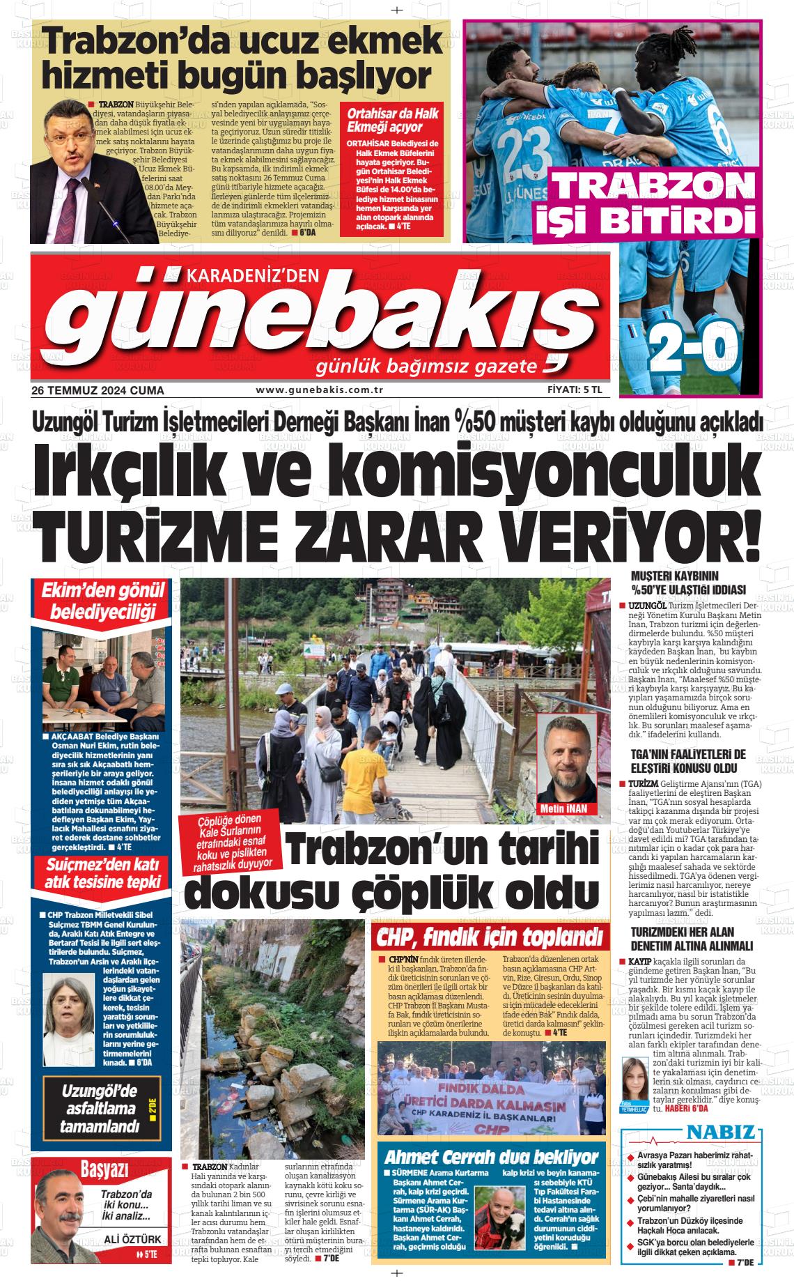 26 Temmuz 2024 Günebakış Gazete Manşeti