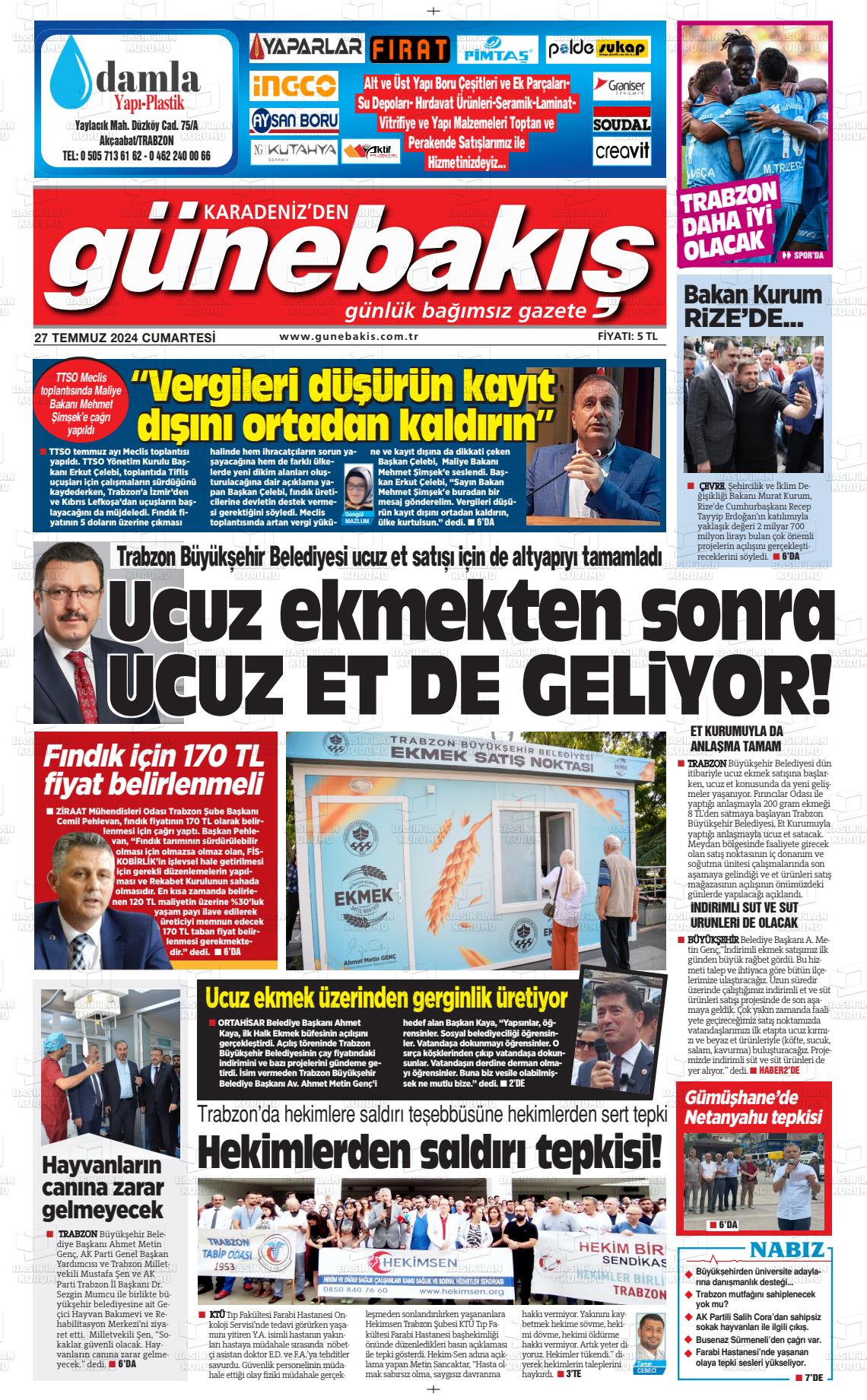27 Temmuz 2024 Günebakış Gazete Manşeti