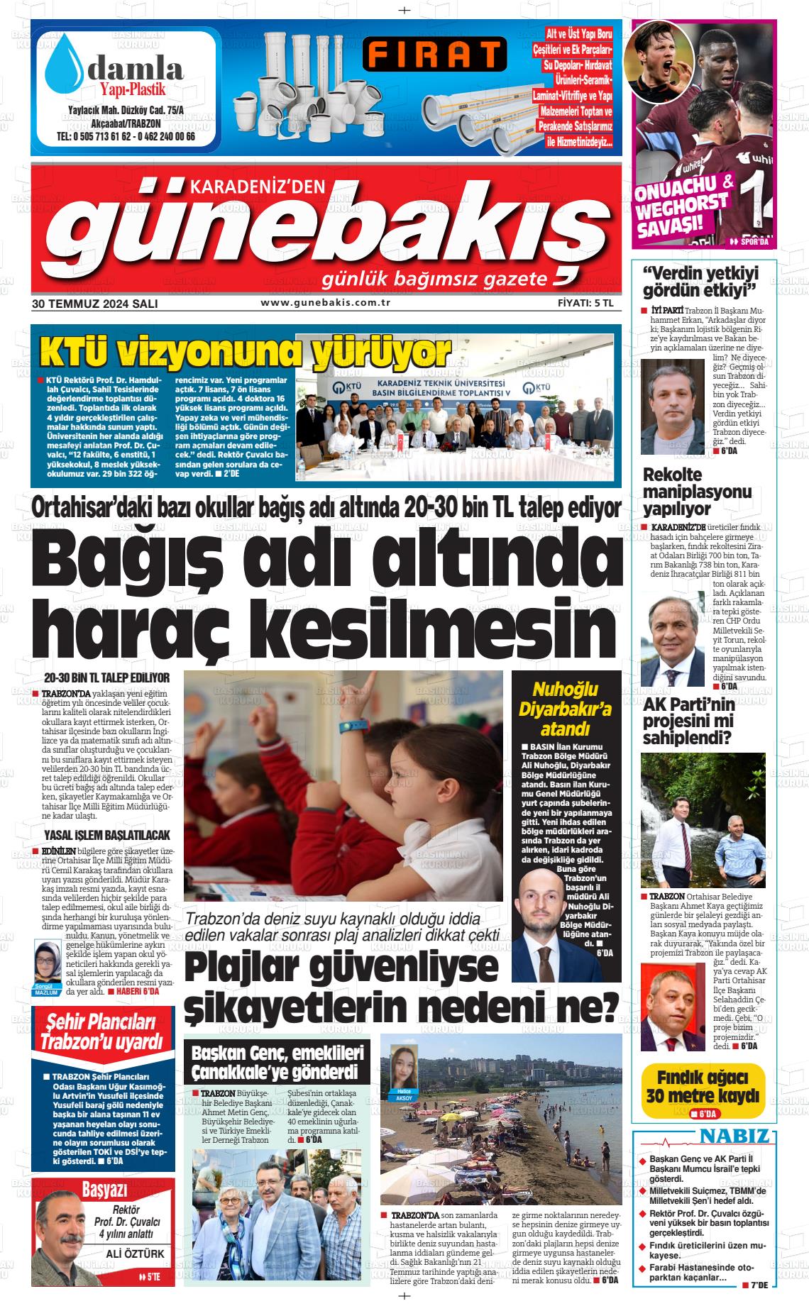 30 Temmuz 2024 Günebakış Gazete Manşeti
