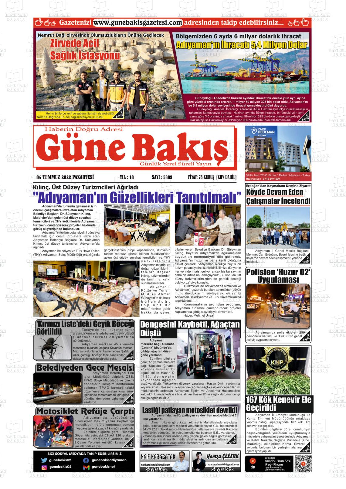 04 Temmuz 2022 Adıyaman Günebakış Gazete Manşeti