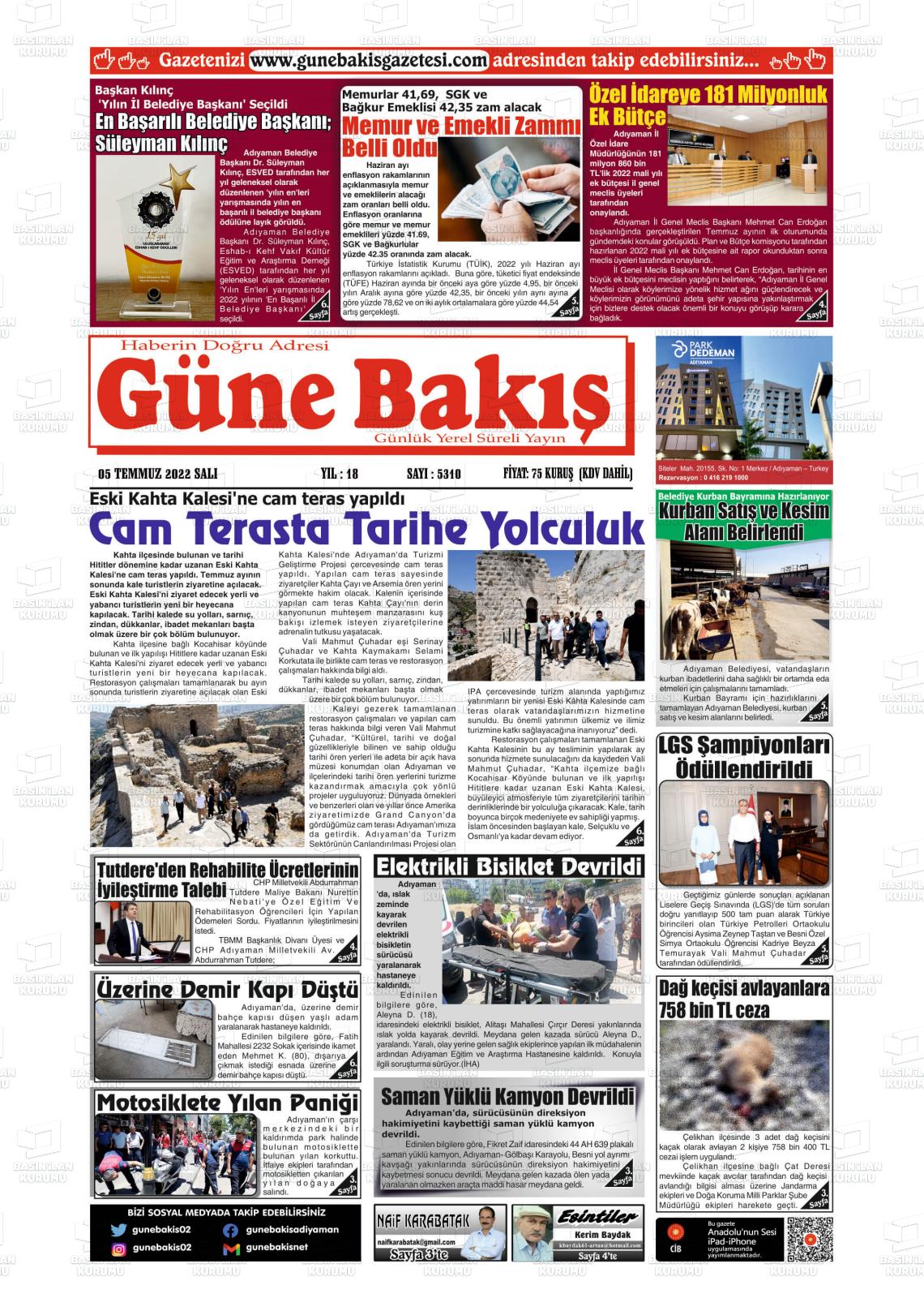 05 Temmuz 2022 Adıyaman Günebakış Gazete Manşeti