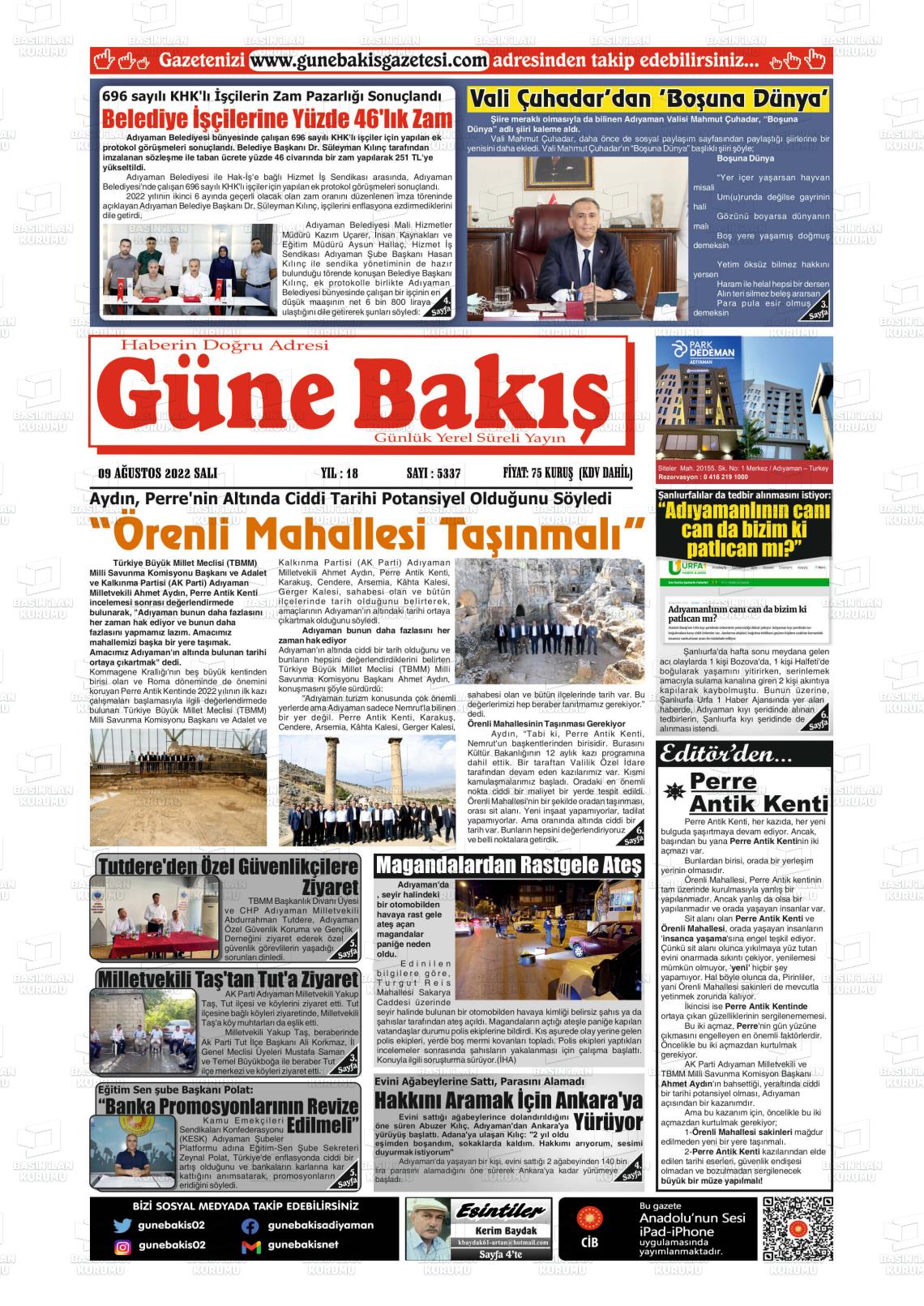 09 Ağustos 2022 Adıyaman Günebakış Gazete Manşeti