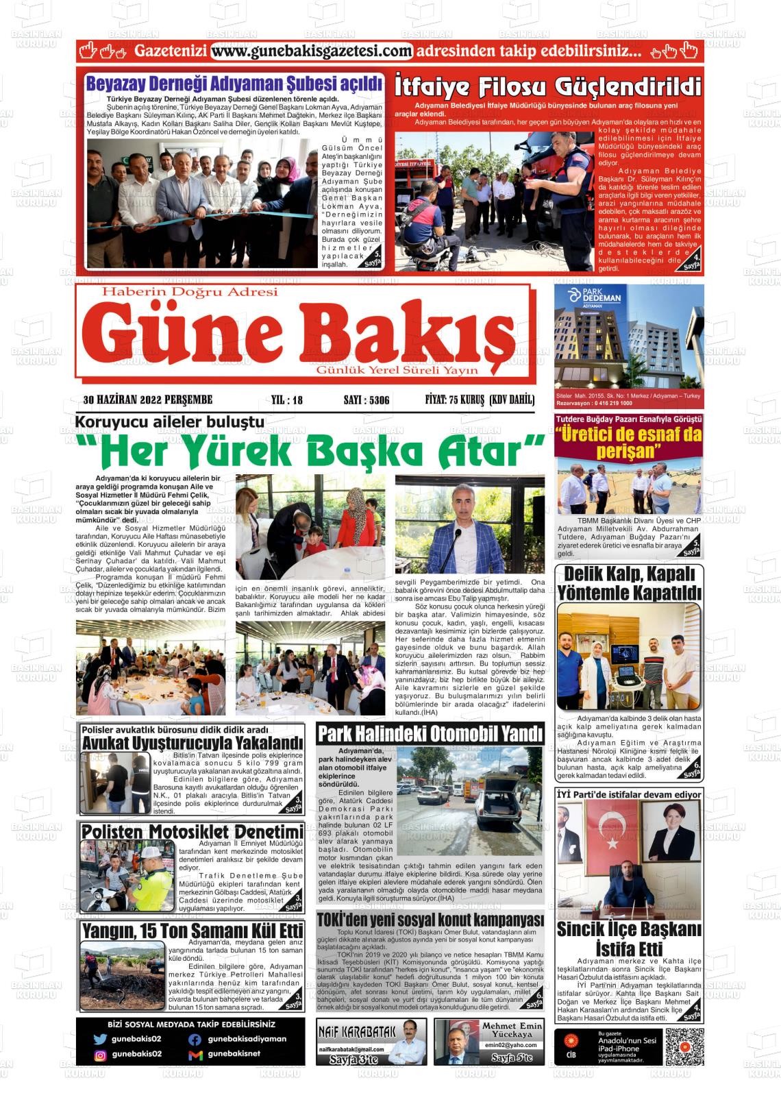01 Temmuz 2022 Adıyaman Günebakış Gazete Manşeti