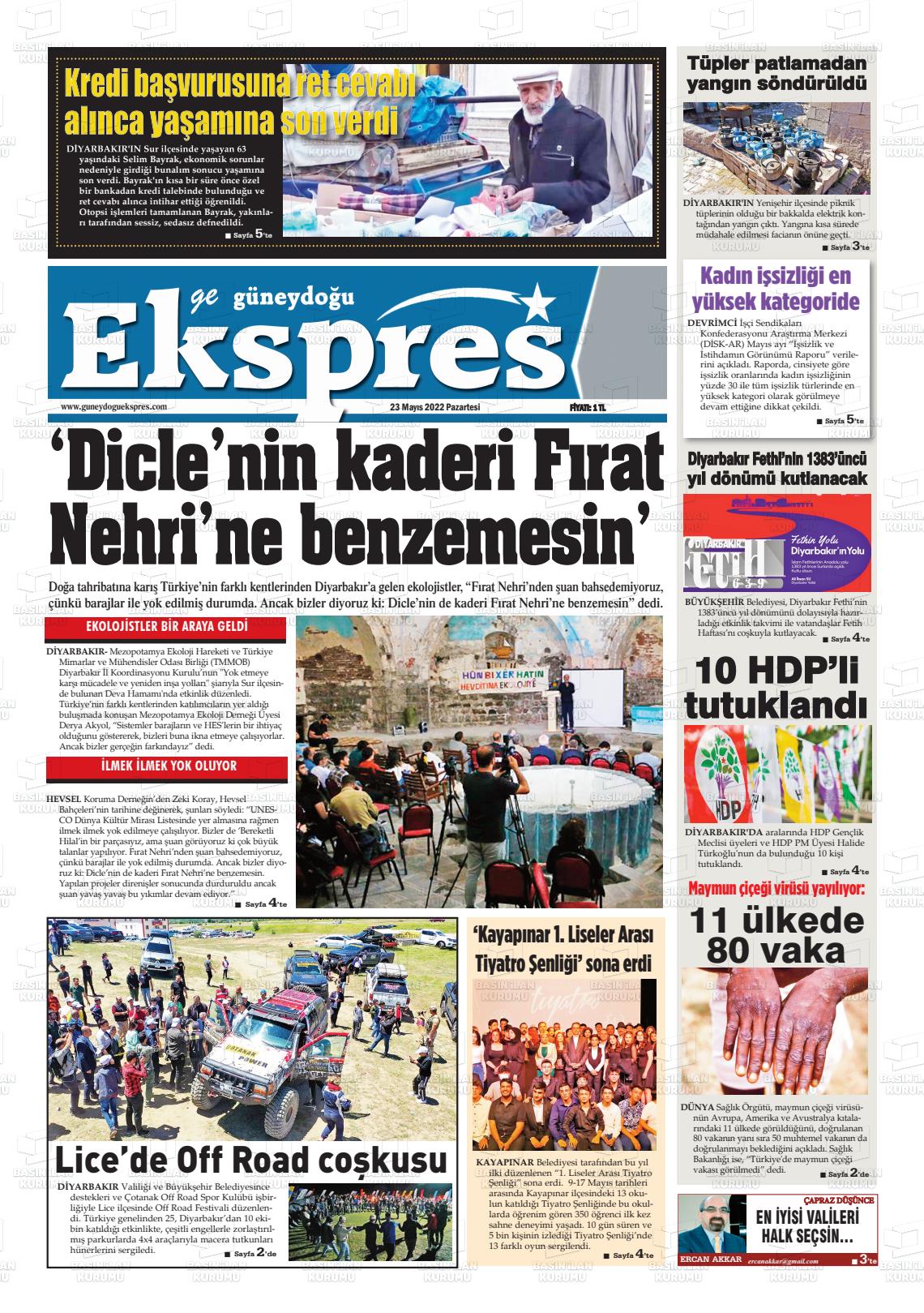 23 Mayıs 2022 Güneydoğu Ekspres Gazete Manşeti