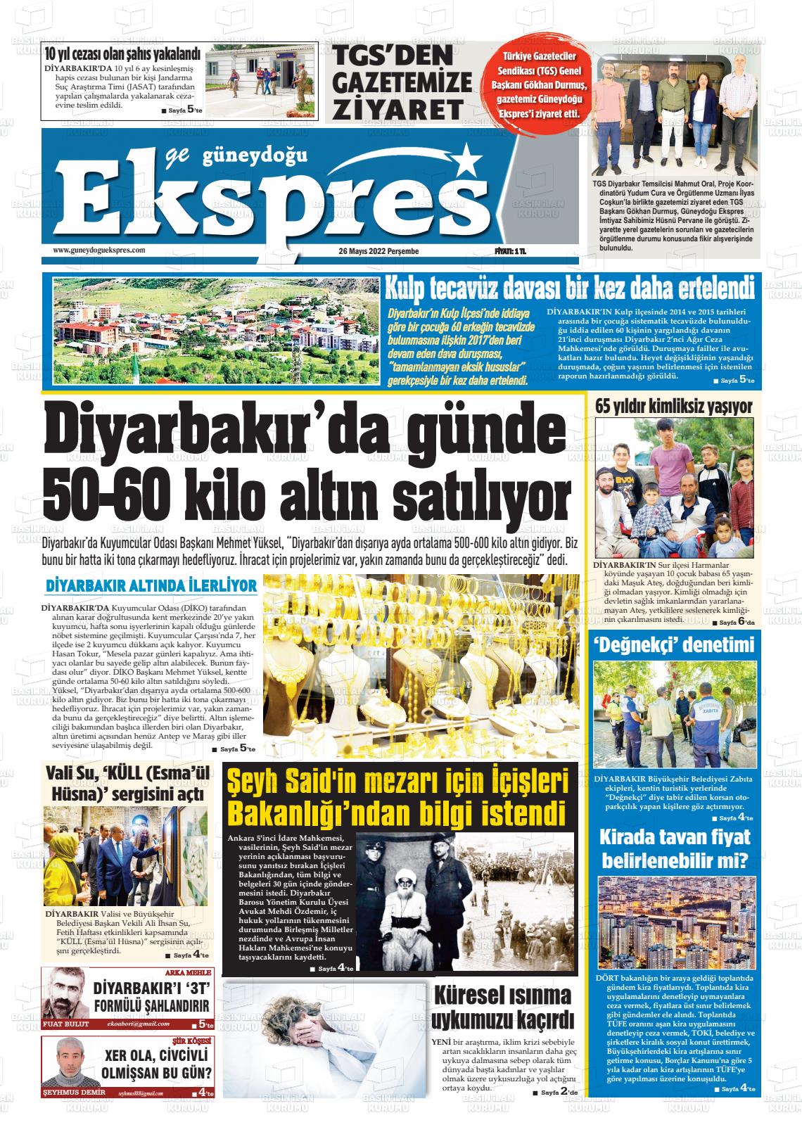 26 Mayıs 2022 Güneydoğu Ekspres Gazete Manşeti