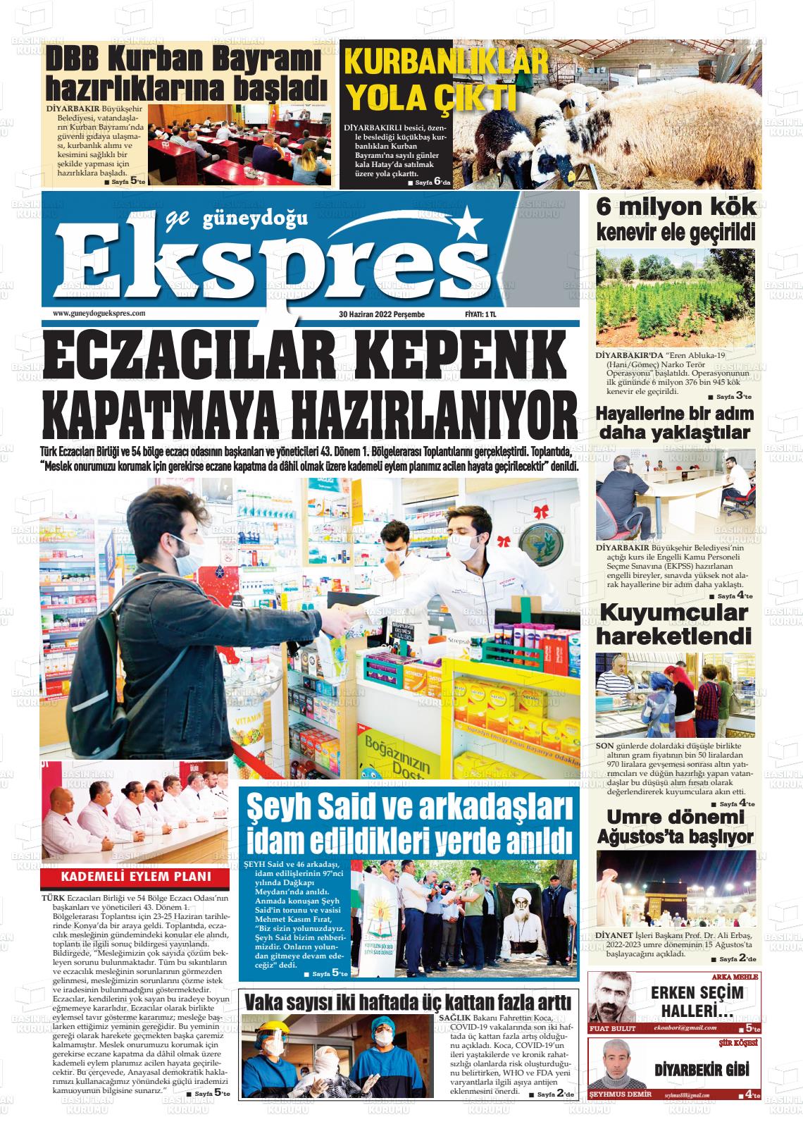 01 Temmuz 2022 Güneydoğu Ekspres Gazete Manşeti