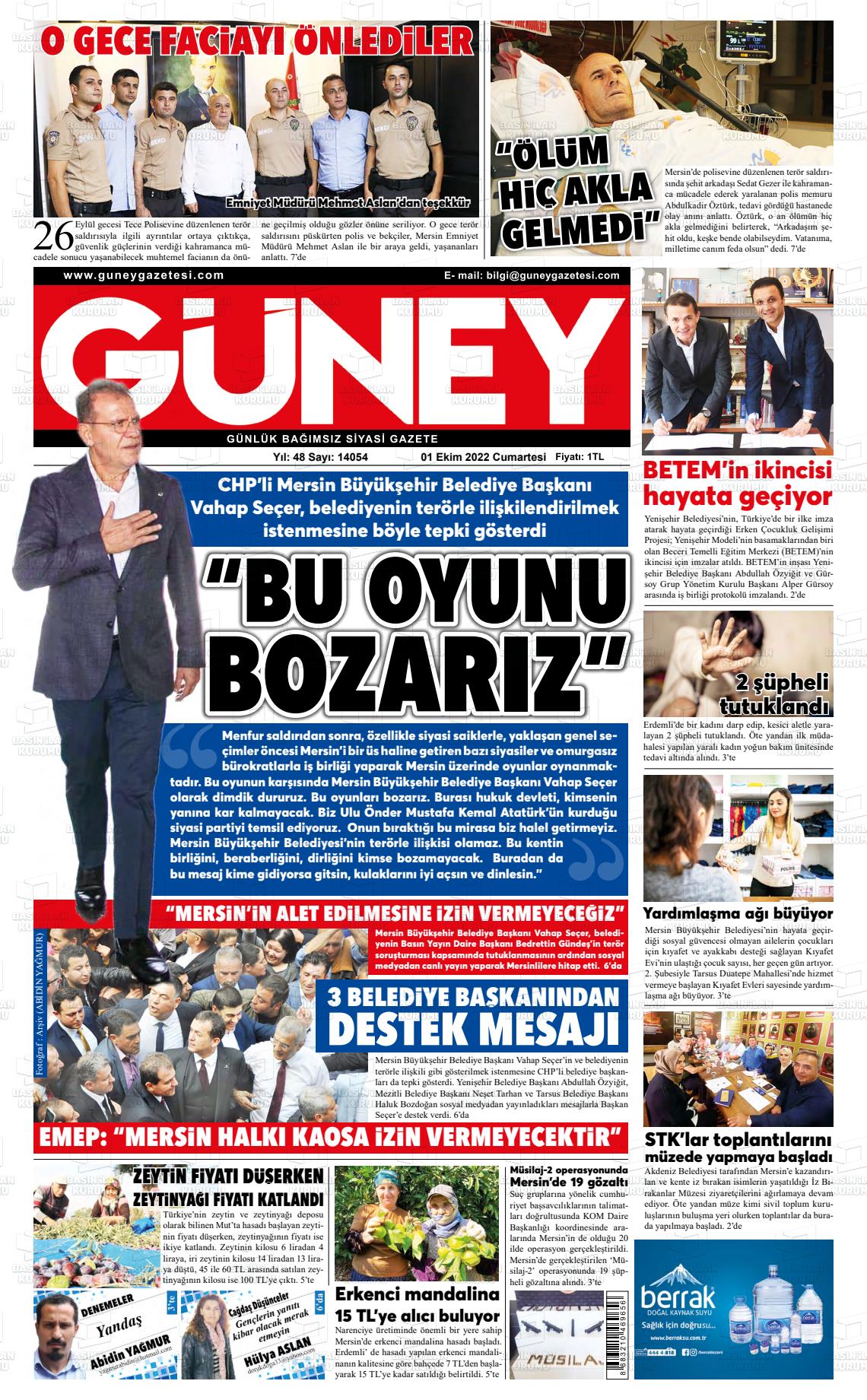 01 Ekim 2022 Mersin Güney Gazete Manşeti