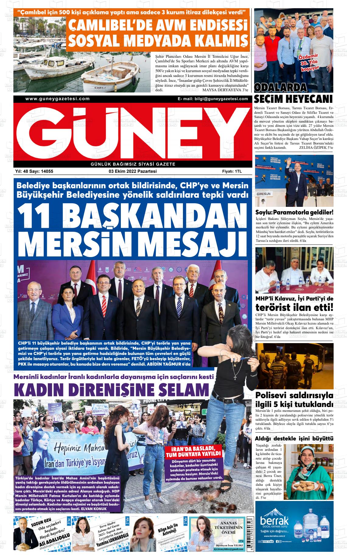 03 Ekim 2022 Mersin Güney Gazete Manşeti