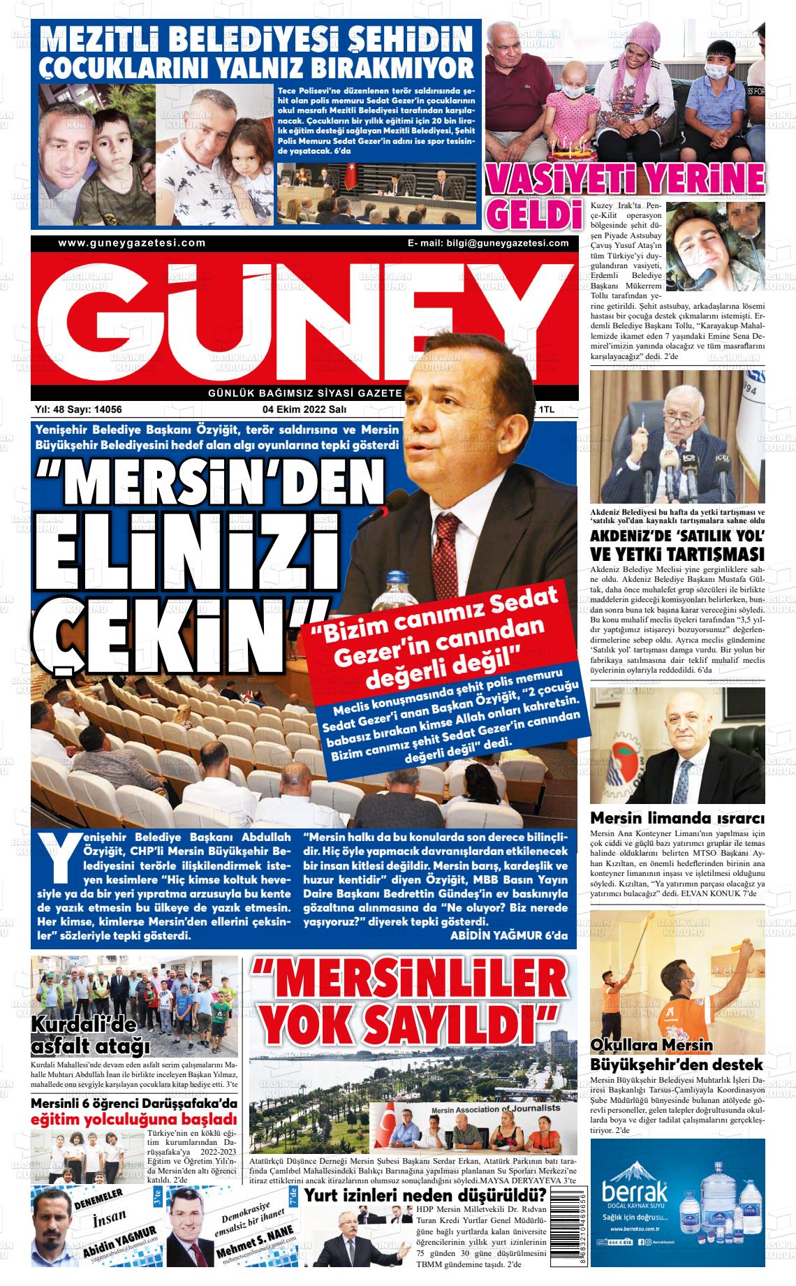 04 Ekim 2022 Mersin Güney Gazete Manşeti