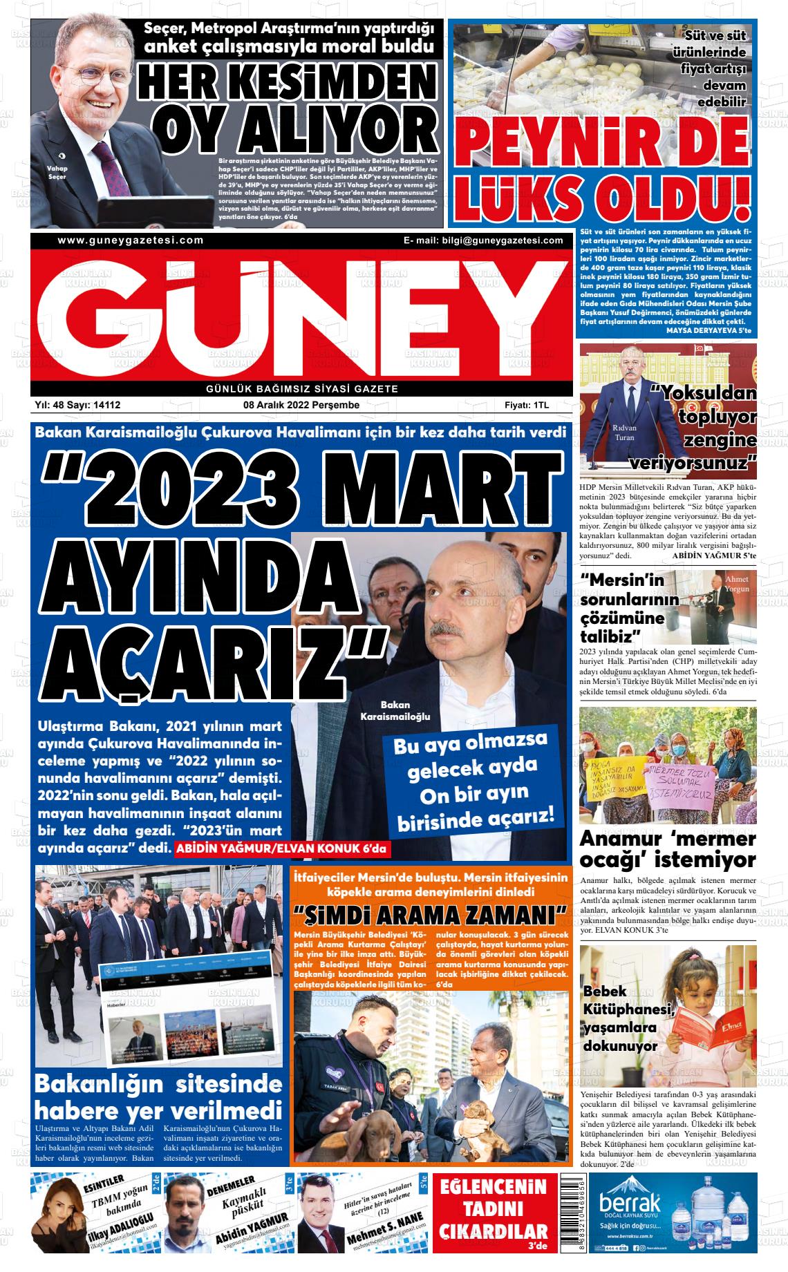 08 Aralık 2022 Mersin Güney Gazete Manşeti
