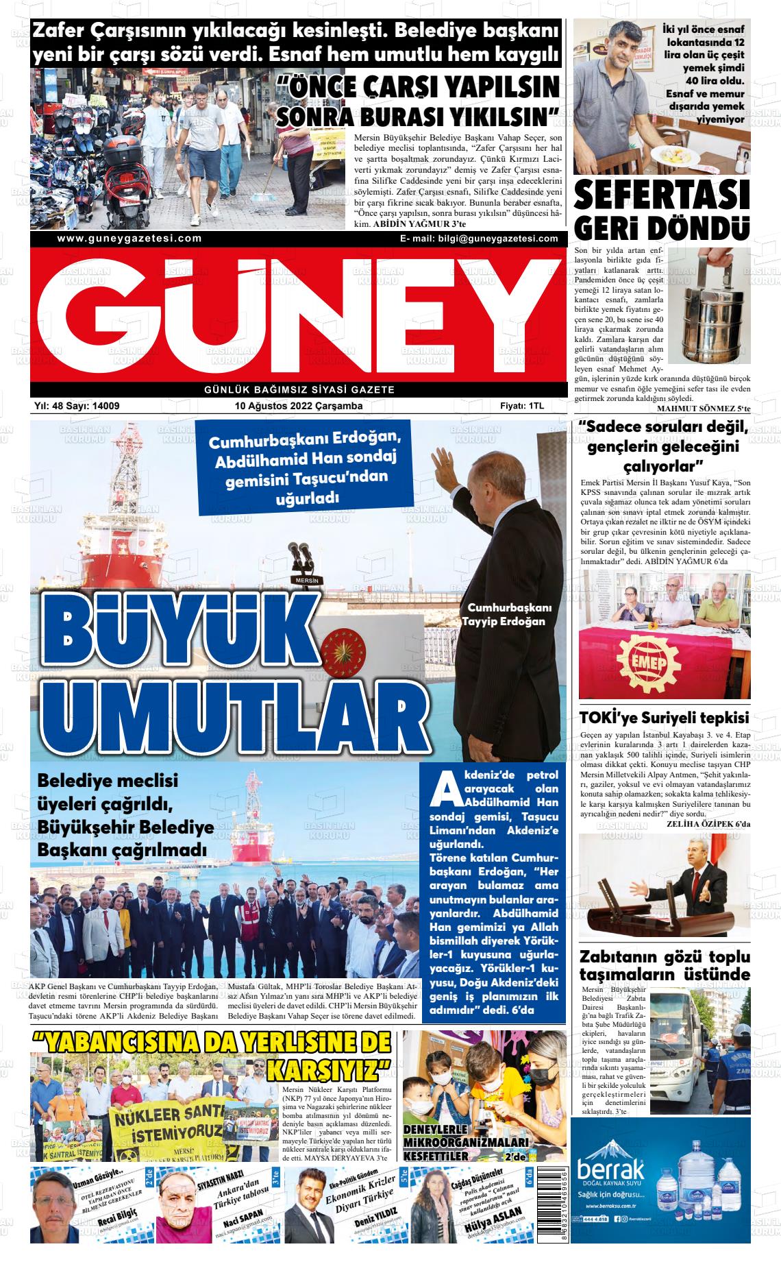 10 Ağustos 2022 Mersin Güney Gazete Manşeti