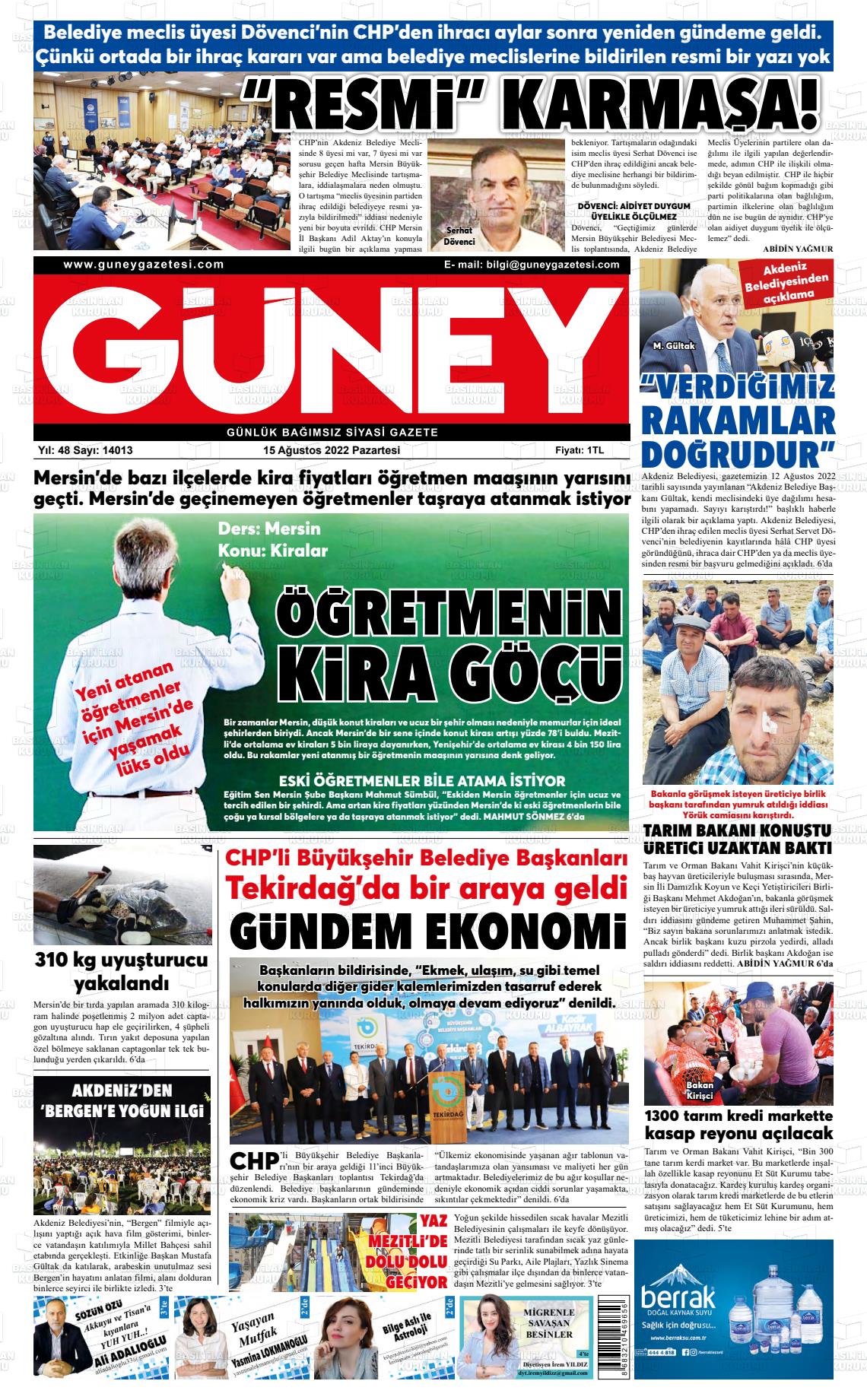 15 Ağustos 2022 Mersin Güney Gazete Manşeti