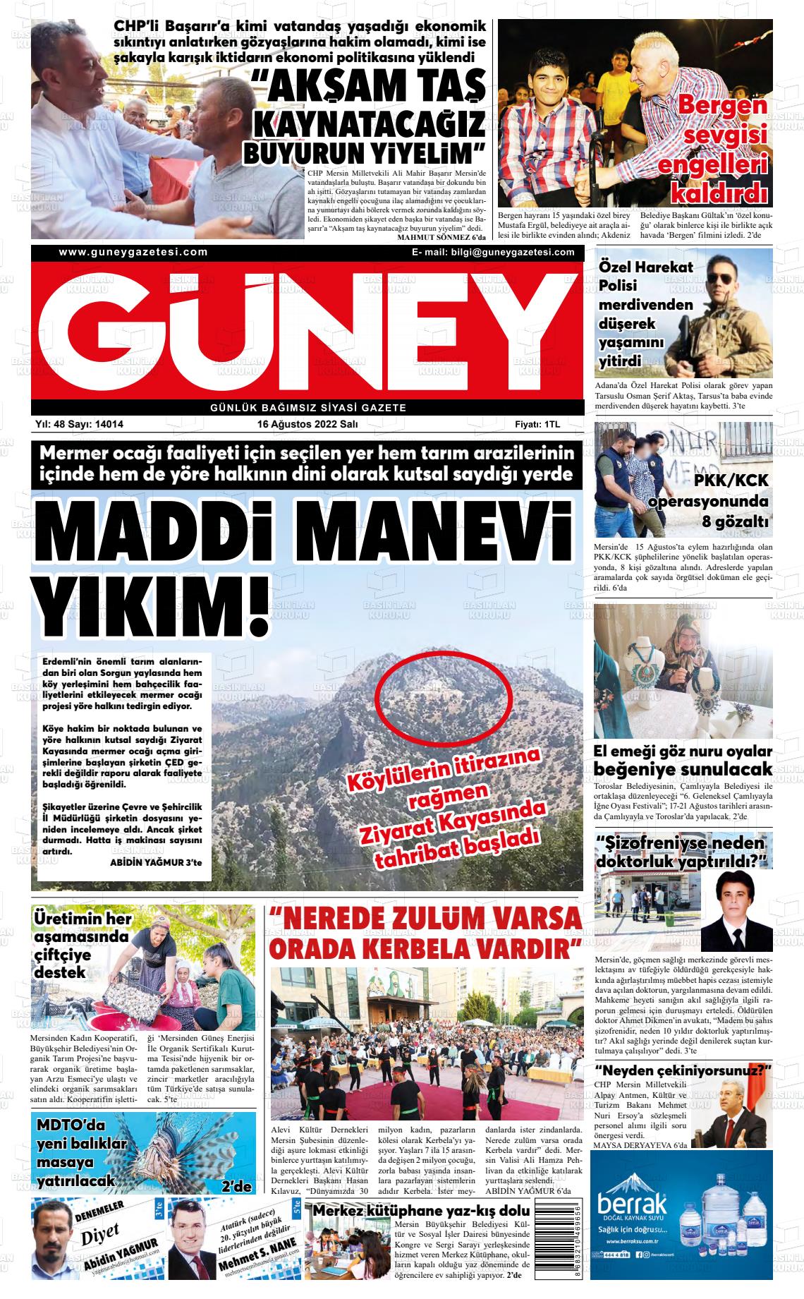 16 Ağustos 2022 Mersin Güney Gazete Manşeti