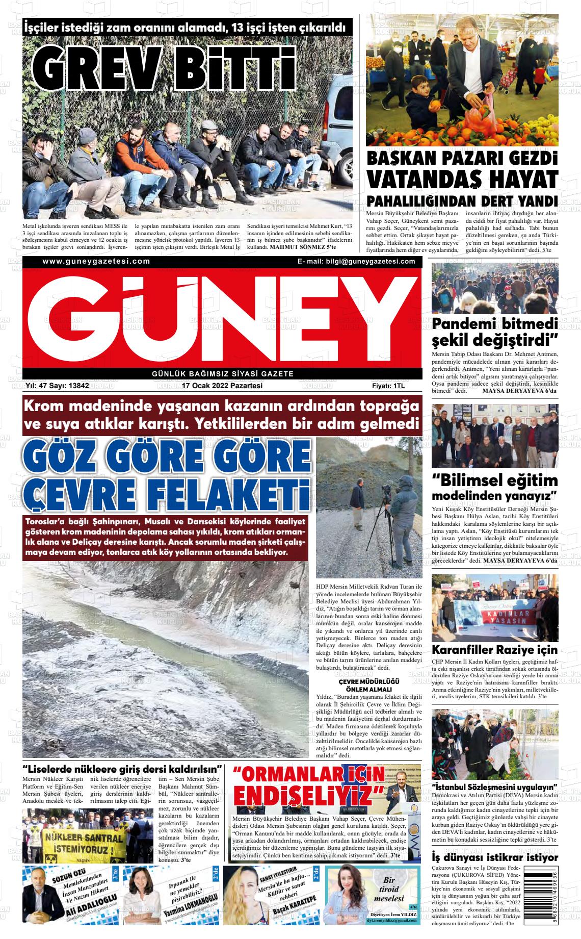 17 Ocak 2022 Mersin Güney Gazete Manşeti