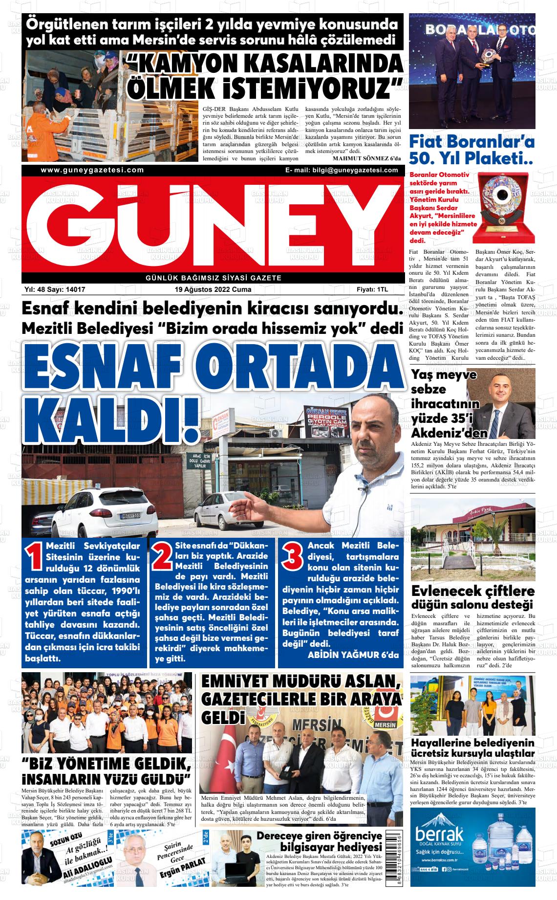 19 Ağustos 2022 Mersin Güney Gazete Manşeti