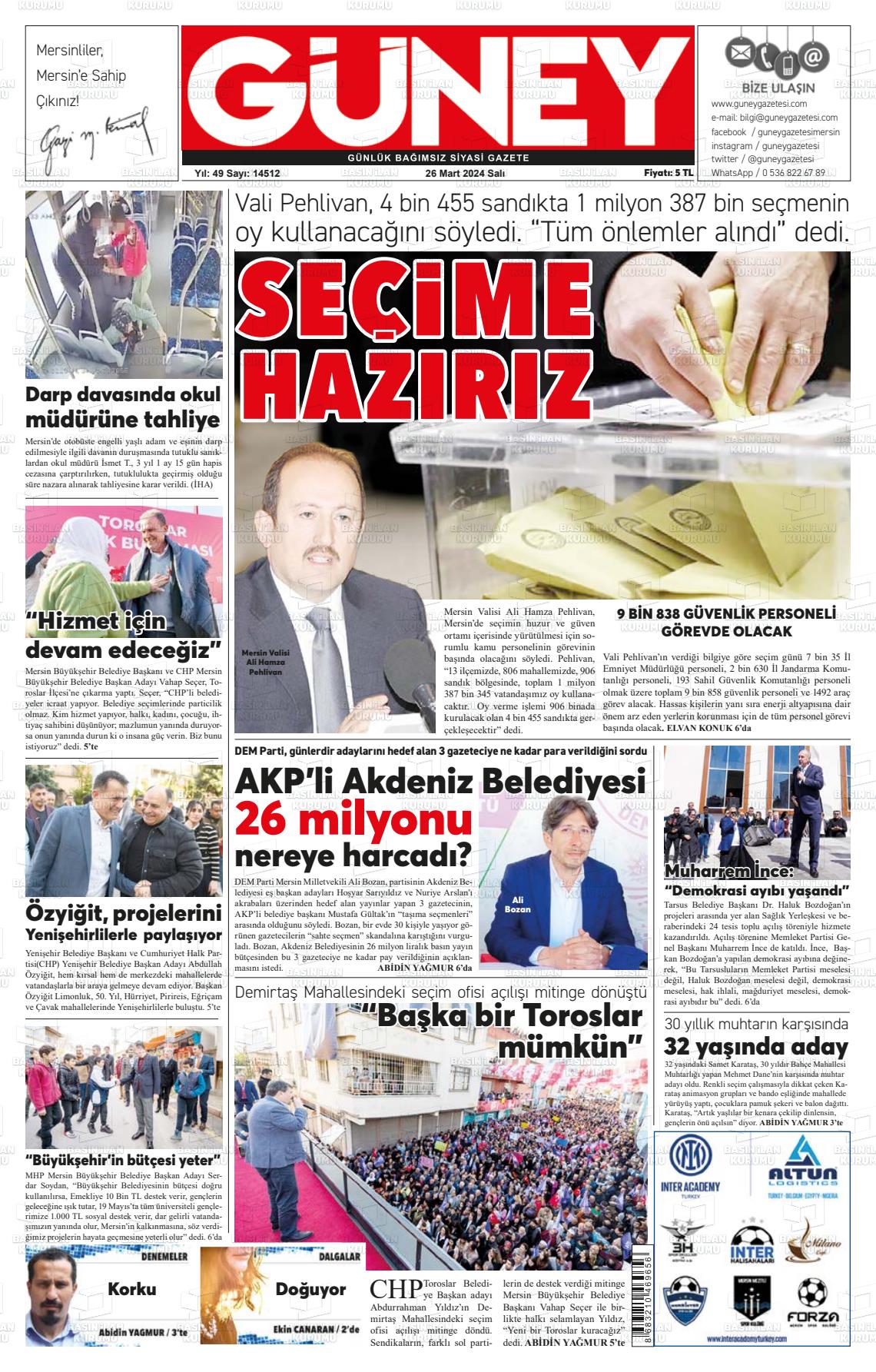 26 Mart 2024 Mersin Güney Gazete Manşeti
