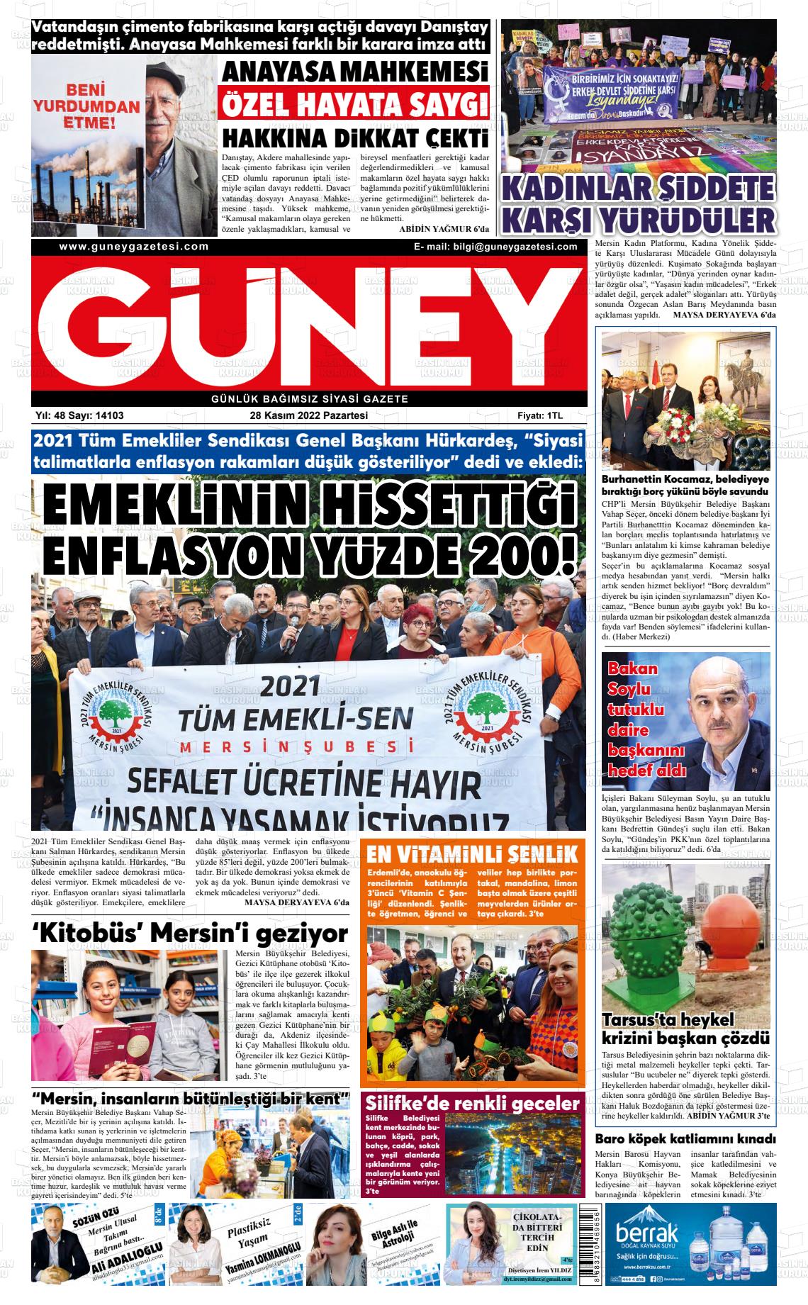 28 Kasım 2022 Mersin Güney Gazete Manşeti