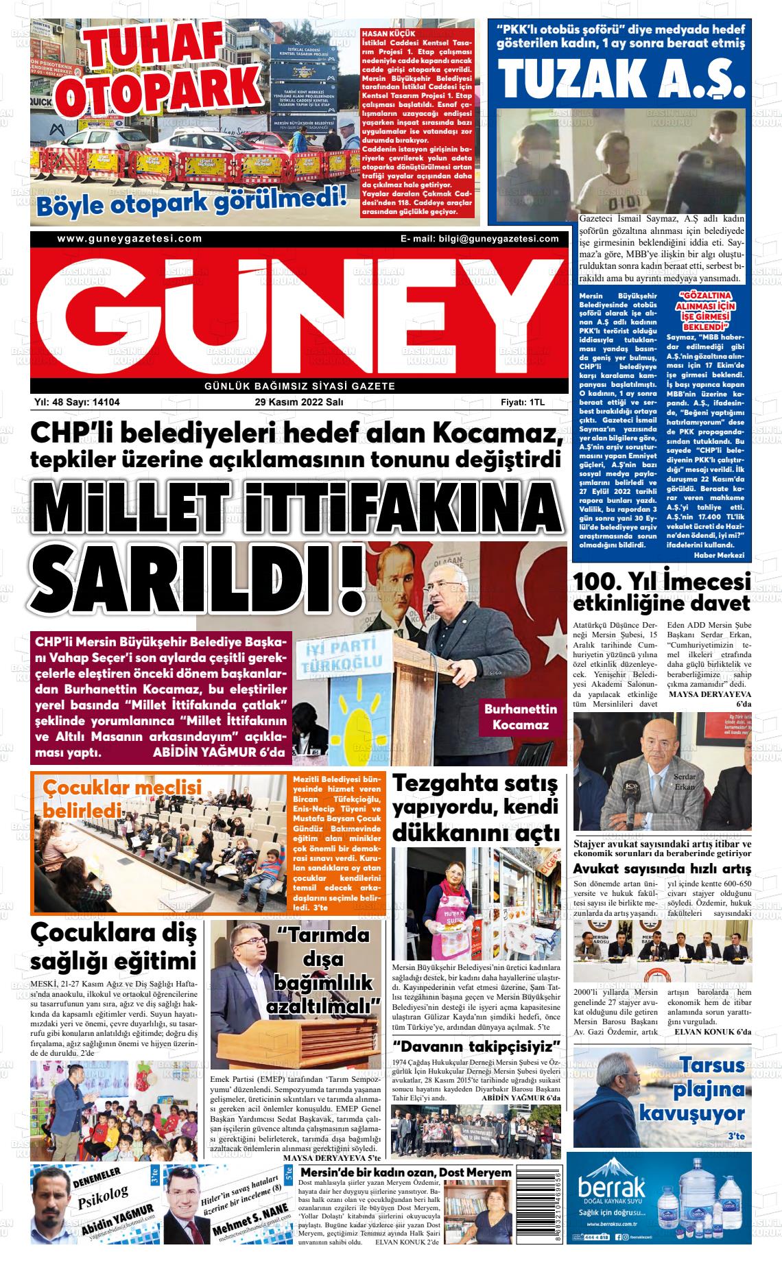 29 Kasım 2022 Mersin Güney Gazete Manşeti