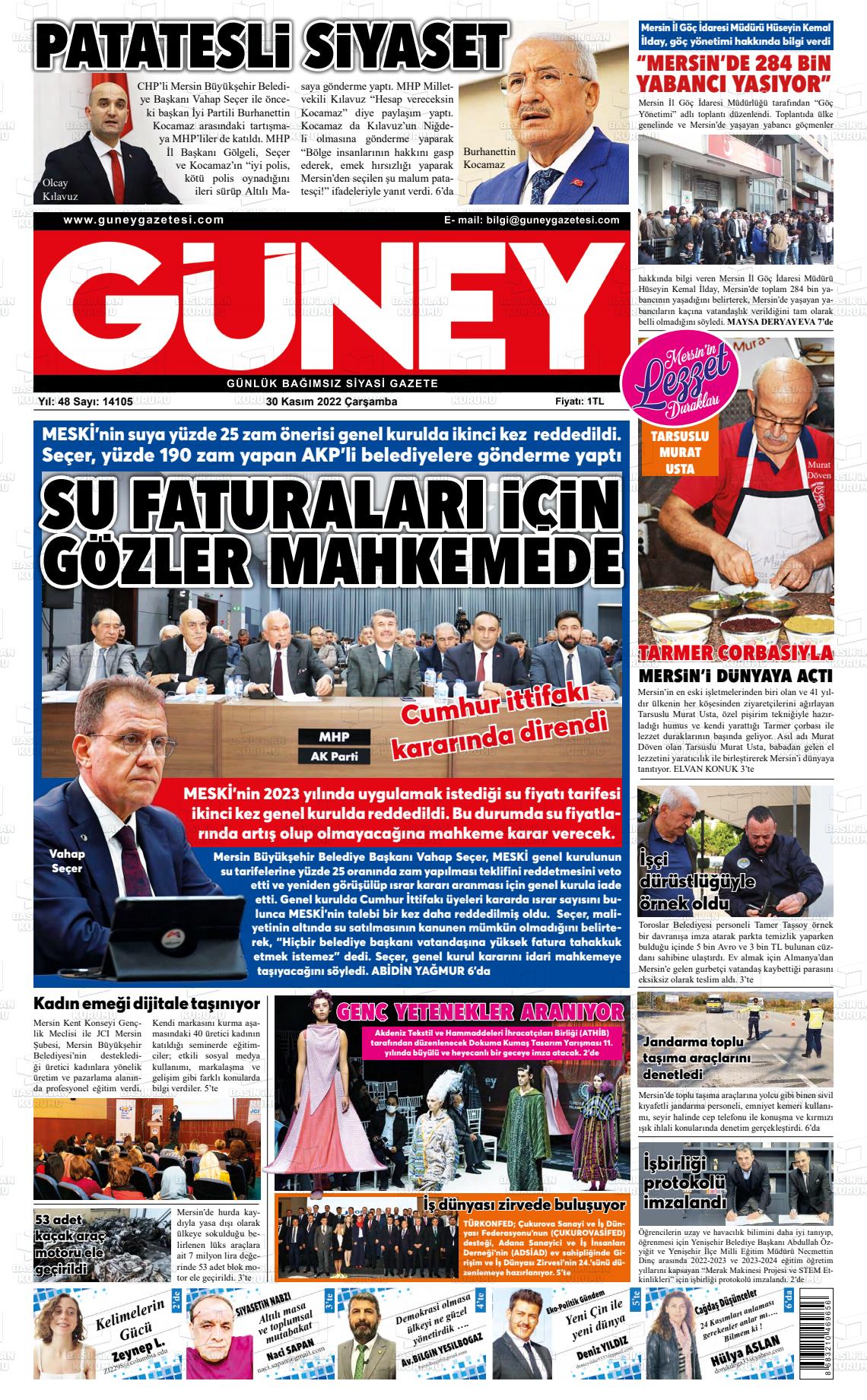 30 Kasım 2022 Mersin Güney Gazete Manşeti