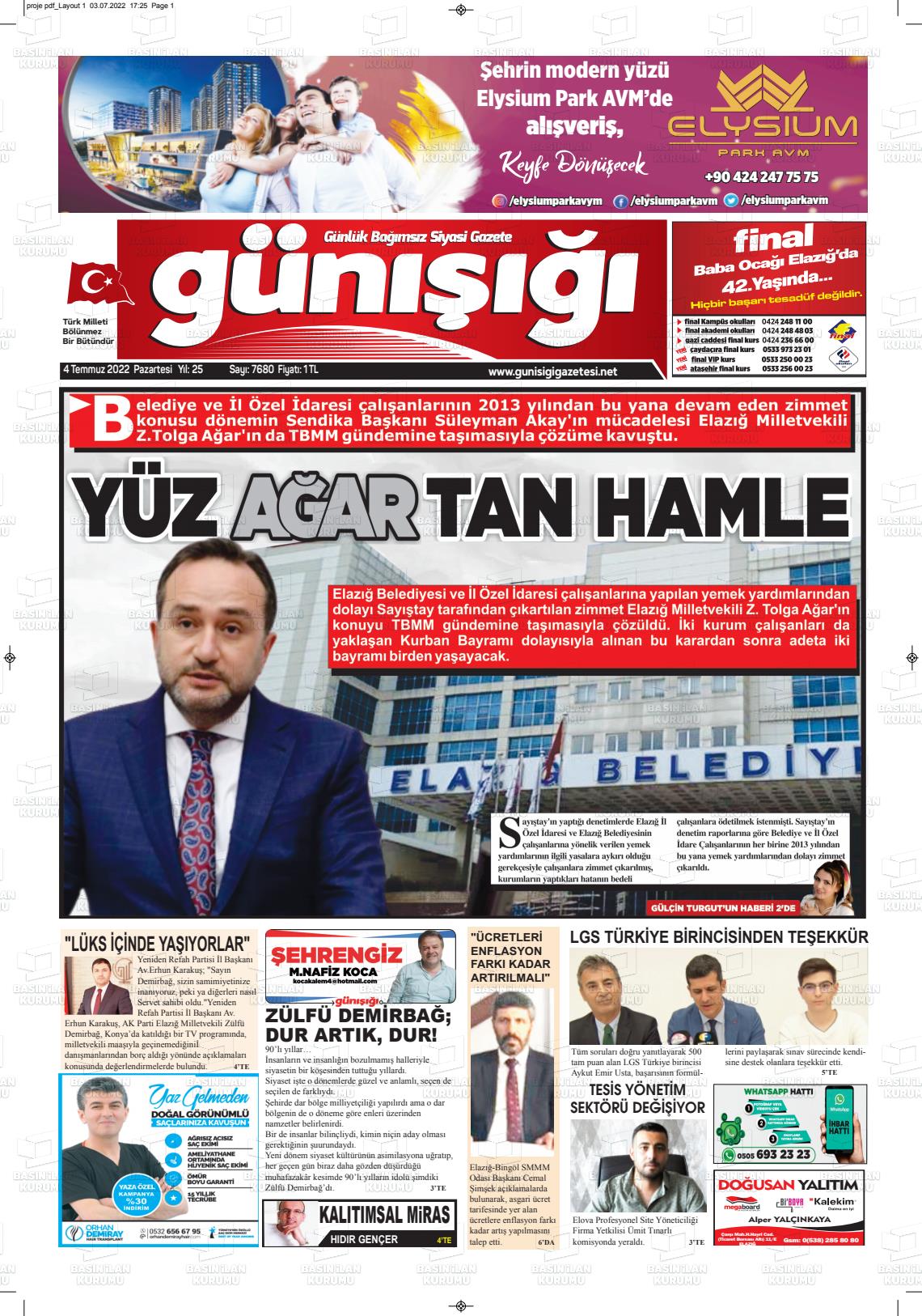04 Temmuz 2022 Gün Işığı Gazete Manşeti