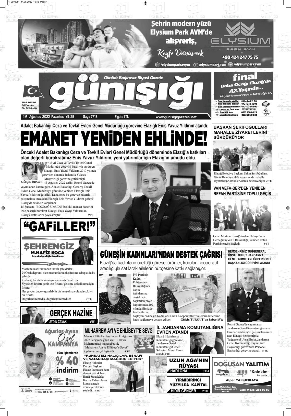 15 Ağustos 2022 Gün Işığı Gazete Manşeti