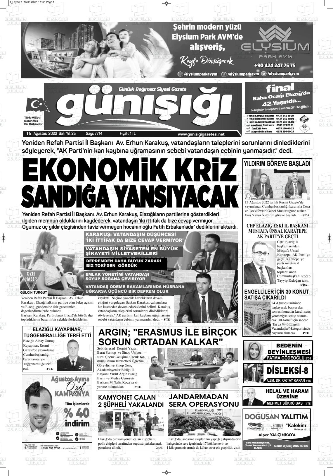 16 Ağustos 2022 Gün Işığı Gazete Manşeti