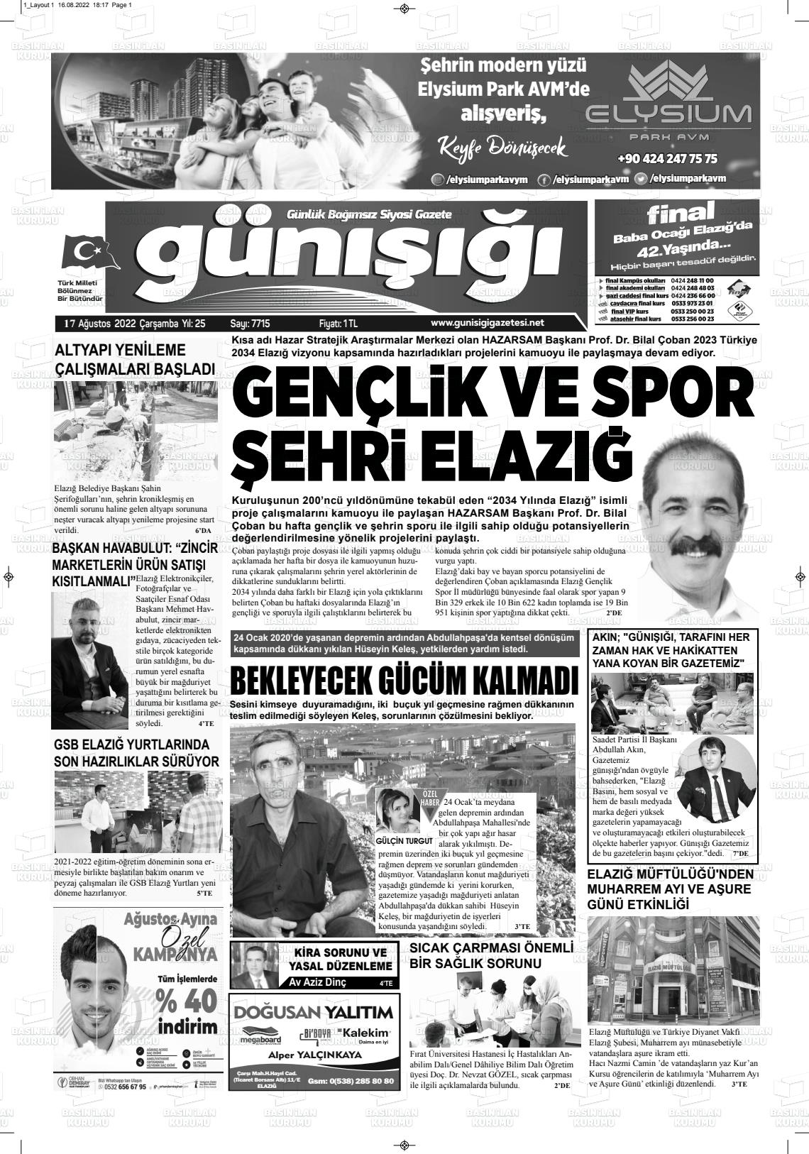 17 Ağustos 2022 Gün Işığı Gazete Manşeti