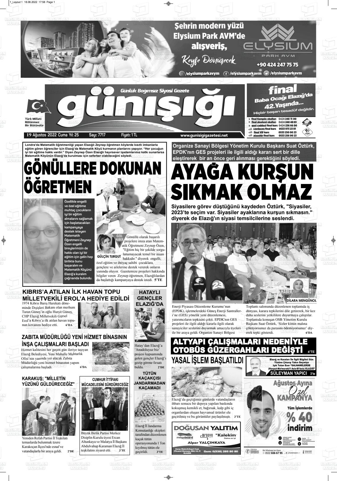 19 Ağustos 2022 Gün Işığı Gazete Manşeti