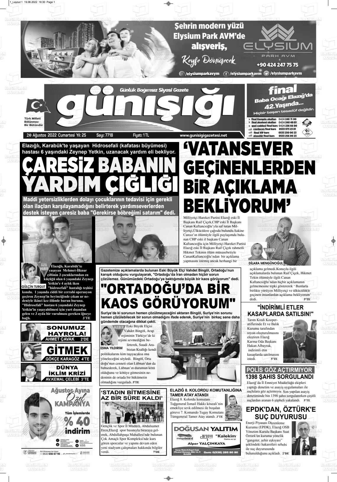20 Ağustos 2022 Gün Işığı Gazete Manşeti