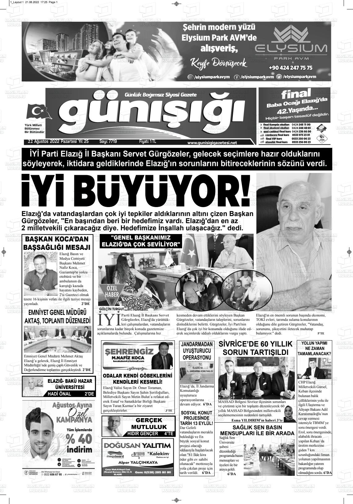 22 Ağustos 2022 Gün Işığı Gazete Manşeti